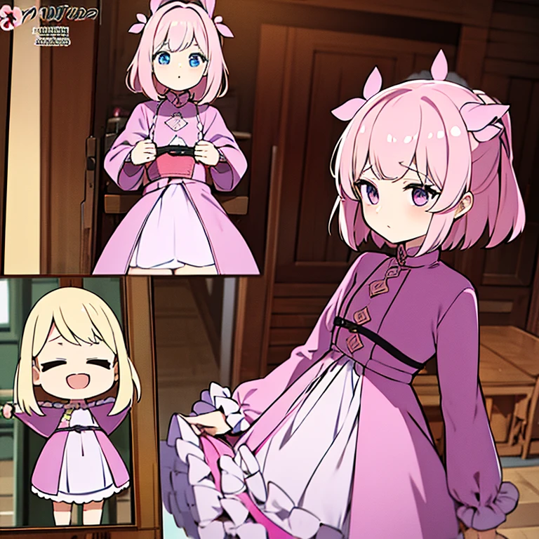 Personagem feminino,cabelo longo,cheio e ondulado de cor castanho escuro, seus olhos castanhos escuro, cor da pele parda, in anime version, de cores das veste branca, with pink and lilac details, em desenho flores, uma personagem feminina estilo anime e uma mestra de bombas Model sheet.