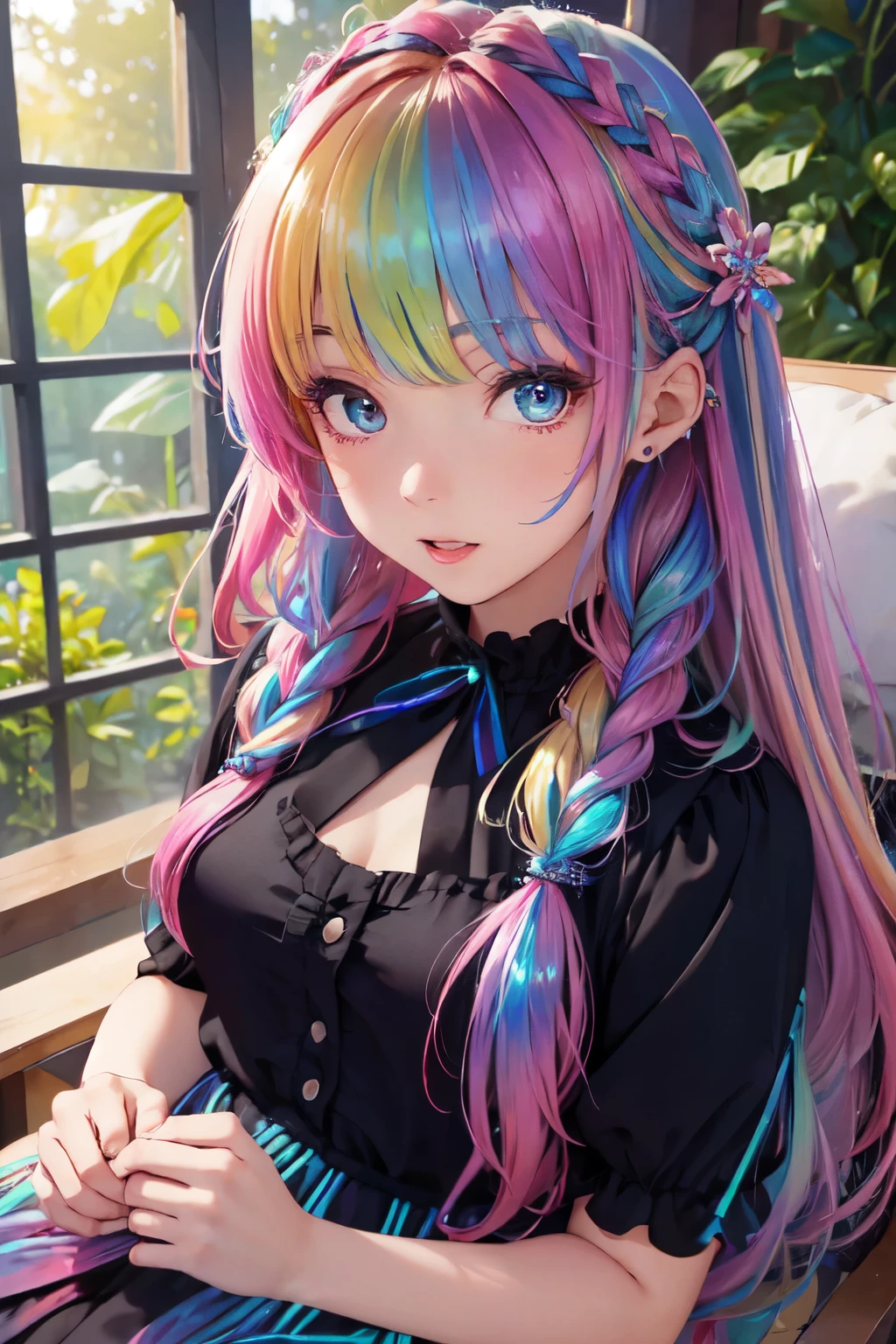 (In 8K, best quality, muste piece:1.2)、ultra high resolution,1 female 16 years old、ultra-detailed face,detailed eyes,open mouth,captivate your audience,((Rainbow Hair)),asymmetrical bangs,twin braids,BREAK,((flower dress)),ruffle skirt,BREAK,(iridescent light:1.4),botanical garden