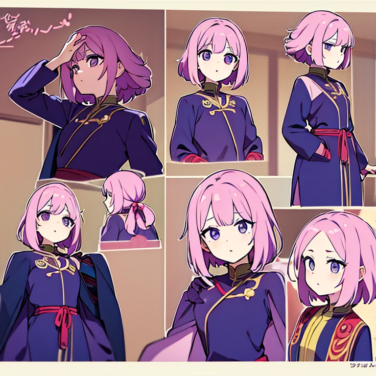 Personagem feminino,cabelo longo,cheio e ondulado de cor castanho escuro, seus olhos castanhos escuro, cor da pele parda, in anime version, de cores das veste branca, with pink and lilac details, em desenho flores, uma personagem feminina estilo anime e uma mestra de bombas Model sheet.