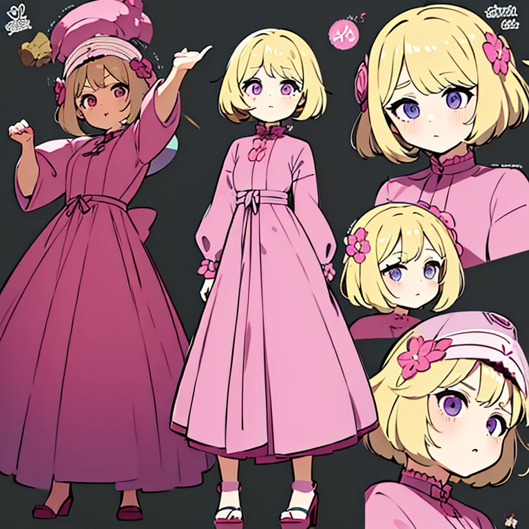 Personagem feminino,cabelo longo,cheio e ondulado de cor castanho escuro, seus olhos castanhos escuro, cor da pele parda, in anime version, de cores das veste branca, with pink and lilac details, em desenho flores, uma personagem feminina estilo anime e uma mestra de bombas Model sheet.