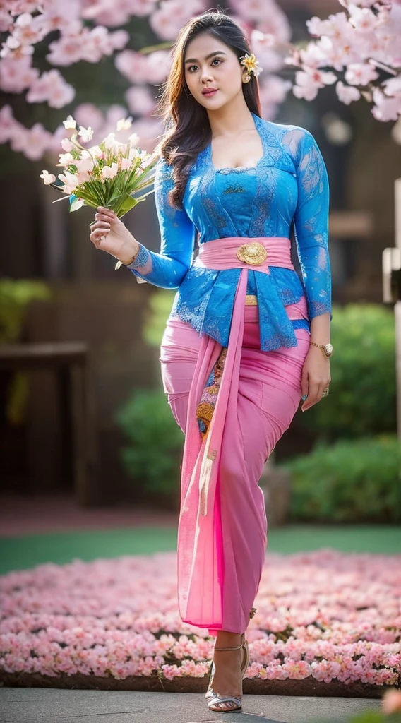 (((Sexy Balinese girl holding a bouquet of pink cherry blossoms))),(8k, RAW photo, best quality, work:1.3), (realistic, photo-realistic:1.37),1girl,cute,city view,night,rain ,wet,professional lighting,photon mapping,radiosity,Physically based rendering,gradient black hair,hair in a bun,bun filled with lots of Balinese gold flowers ,beautiful,feminine,collection of white balls,excellent image quality,high resolution,1080p, (((clear face)) ), (detailed facial description), (detailed hand description), ((( masterpiece))), (beautiful CG), extreme light and shadow, messy hair, masterpiece, rich details, ( beautiful facial features), (highest image quality ), (masterpiece), (eye details), look forward to your eyes, delicate collarbone, (((blue_kebaya_bali))),(non NSFW),(Full Body),(cute face:1.5 ),(large body:1.2 )(large breasts:1.7),high heels,(large hips:1.5),(large thighs:1.4),(wide waist:1.4),blue kebaya_bali,slightly exposed breasts,cleavage of breasts, lipgloss,Lace,