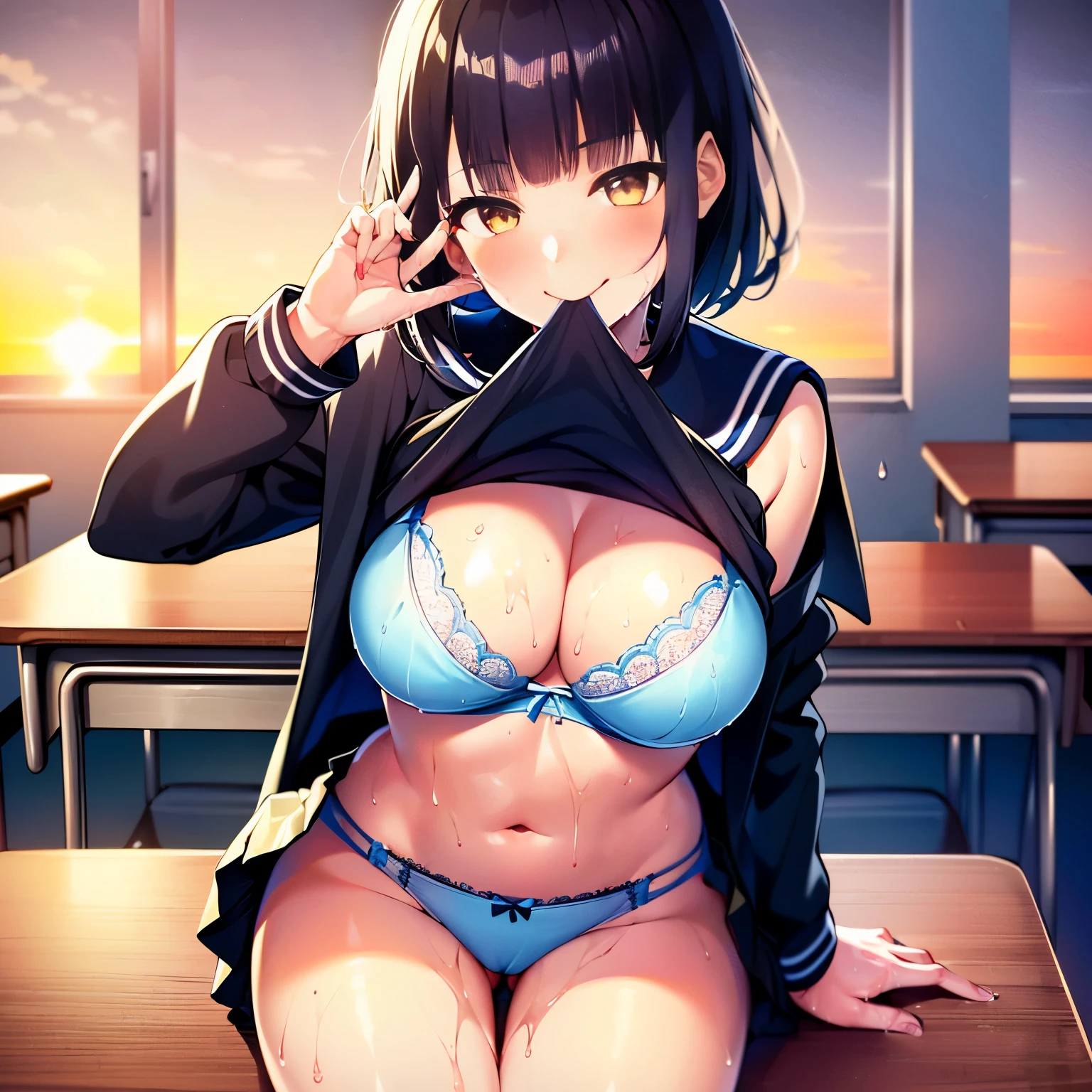 masterpiece, best quality, ultra high res, 8k, perfect anatomy, extremely detailed, (pussy focus),(POV),nsfw, game cg, (wide shot:1.2), full body, (overhead shot), (from above:1.2), 
BREAK
 (((perfect  body:1.3)), ((perfect face:1.3)), ((perfect hand:1.3)), ((perfect fingers:1.3)))), 
BREAK
(((1girl, beautiful girl, tiny cute girl)), black hair,(blunt bangs:1.3),((medium hair:1.3)),wet hair, (hair bun:0.7))), ((beautiful yellow eyes:1.3)), ((Seductive smile:1.2, sweet breath:1.3)), ((shiny body, shiny skin:1.2, large breasts:1.2, big ass:1.2)), 
BREAK
 (((school uniform, sailor suit, mini skirt:1.2))), ((light blue lace panties,  light blue lace bra)), 
BREAK
((open clothes:1.2)), ((open shirt:1.3)),(((skirt lift:1.4))), ((wet panties:1.3)), ((show panties)), (( show bra)), ((shirt in mouth:1.3)),
BREAK
background, ((indoors, classroom)), ((sunset:1.2))