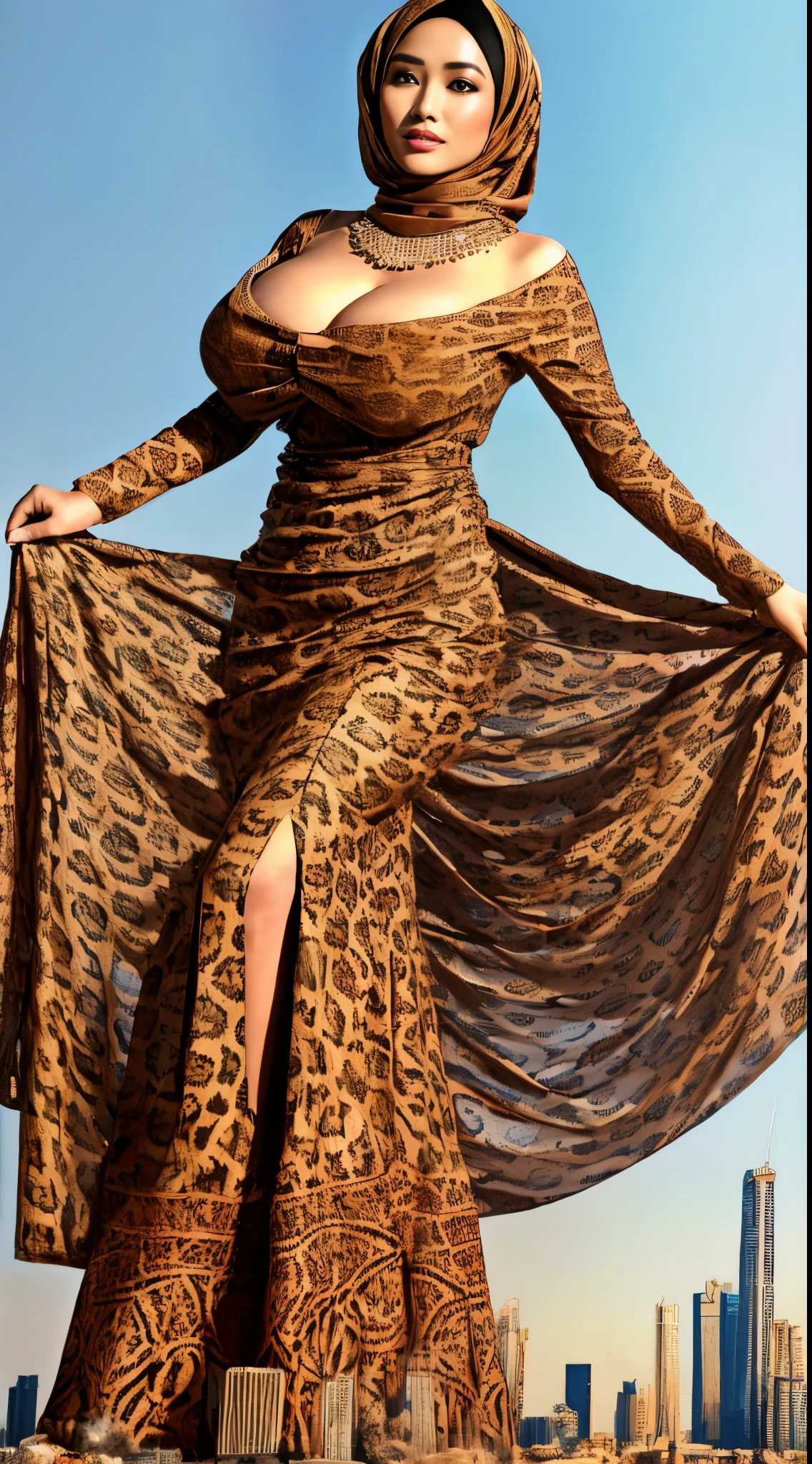 RAW, Best quality, high resolution, masterpiece: 1.3), beautiful Malay woman in hijab,Masterpiece, perfect slim fit body, (Huge breast), Massive Gigantic Round Tits : 196.9, big gorgeous eyes, Soft smile, woman sitting in a leopard print dress and hijab stands on a sidewalk, long dress female, brocade dress, very beautiful enga style,batik, with fashion clothe, intricate outfit, wearing long gown, full covered dress, traditional beauty, intricate elegant, in lace brown dress, wearing an elegant tribal outfit, wearing an elegant outfit , muslim, necklace, shairband, Excellent lighting, Bright colors, Clean lines, mega giantess, Asian, standing, high heels,, skyscrapers, city destruction, collapsing buildings, fire, smoke, explosions, dust explosions, gray tint, clear sky,