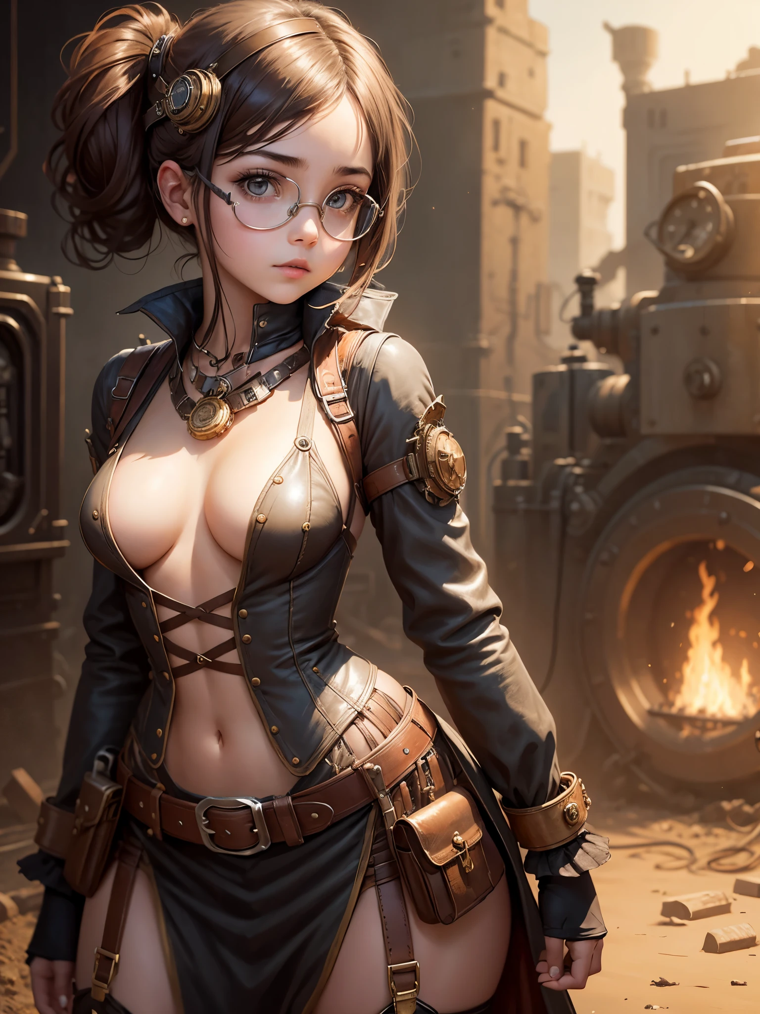 Steampunk, young girl, very young girl, round face, goggles, revealing dress, cleavage, engineer, mechanical, multiple belts,((small breasts))