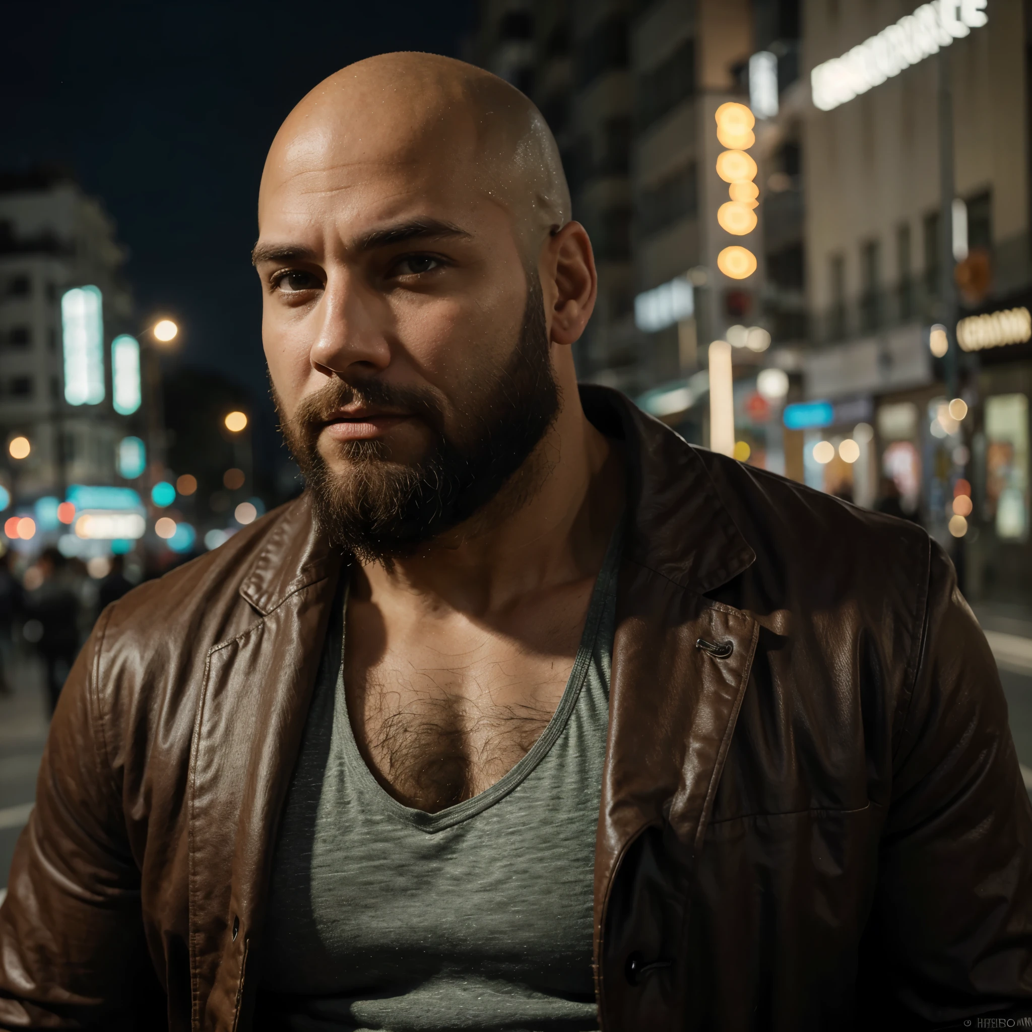 8k, ultra detallado, hermoso y estetico, obra maestra, Mejor calidad, hiperrealismo, Photography, bald man with brown beard, ojos verdes, rasgos fuertes y marcados, cuerpo musculoso, muy masculino y guapo, viril, traje elegante, en una ciudad moderna de noche, luz suave