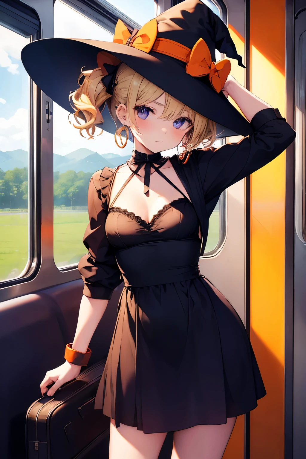 (masterpiece), best quality, expressive eyes, perfect face, short hair, blonde curly twin tails, small , on a train, countryside, summer, train, high heels, standing with back leaning against window , cute and sexy, , big hoop earrings, teenager, sexy witch Halloween costume, small cleavage, shy, pointy witches hat