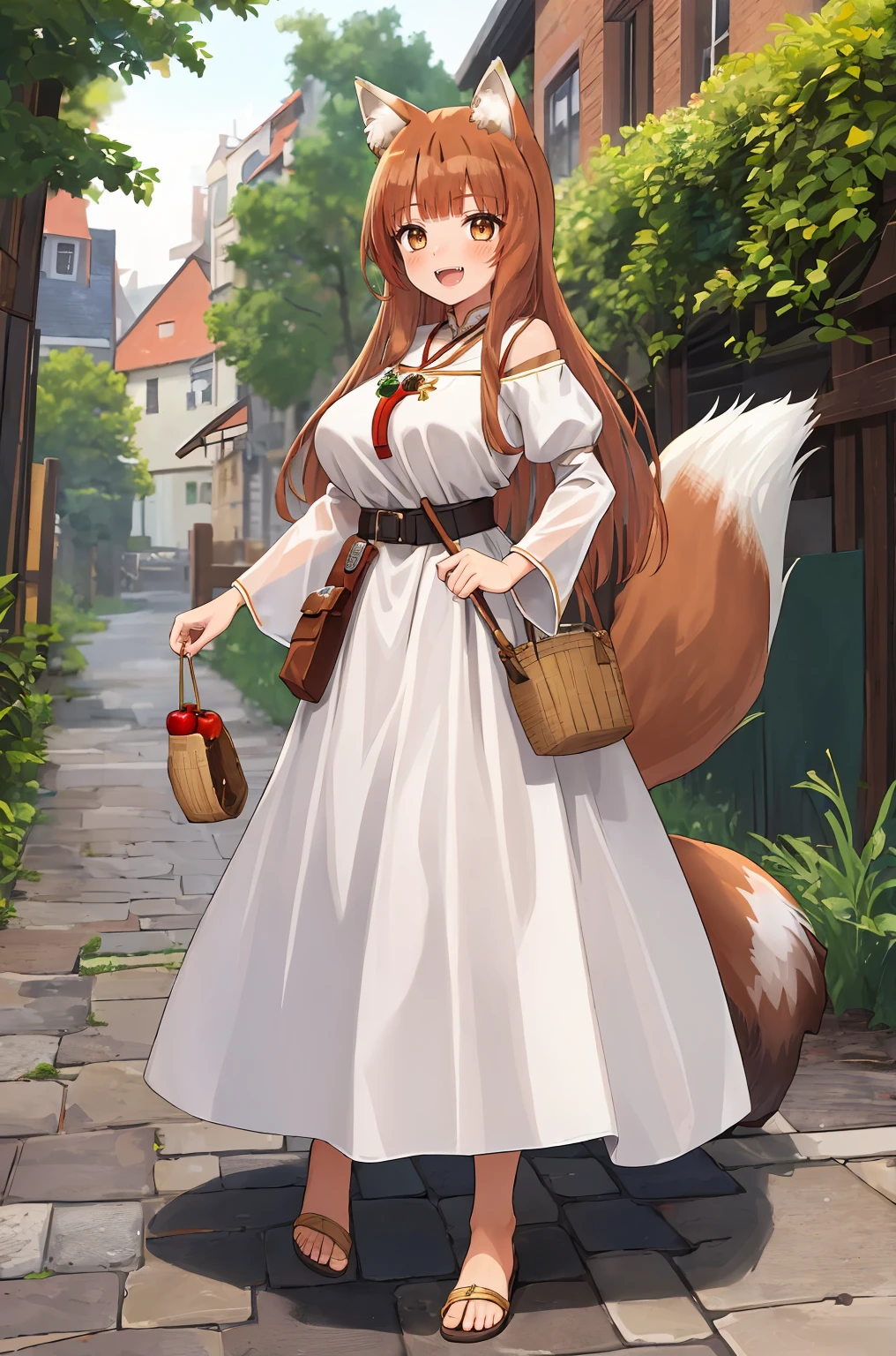 (holo:1.5), (holoBrownDress:1.5), masterpiece, best quality, absurdres, 1girl, looking at viewer, standing, cowboy shot, outdoors, medieval, cobblestone street, town, pouch, sash, smile, fruit, apple, basket,big breast, curvy, silver hair, white hair, full body, flipflops,open mouth smile, fangs,