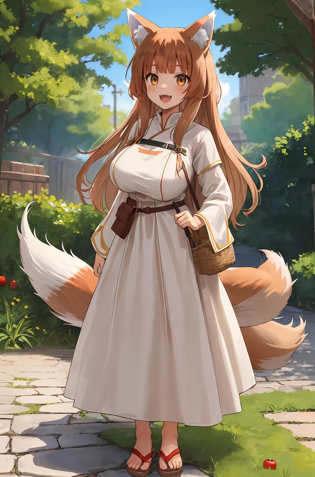 (holo:1.5), (holoBrownDress:1.5), masterpiece, best quality, absurdres, 1girl, looking at viewer, standing, cowboy shot, outdoors, medieval, cobblestone street, town, pouch, sash, smile, fruit, apple, basket,big breast, curvy, silver hair, white hair, full body, flipflops,open mouth smile, fangs,