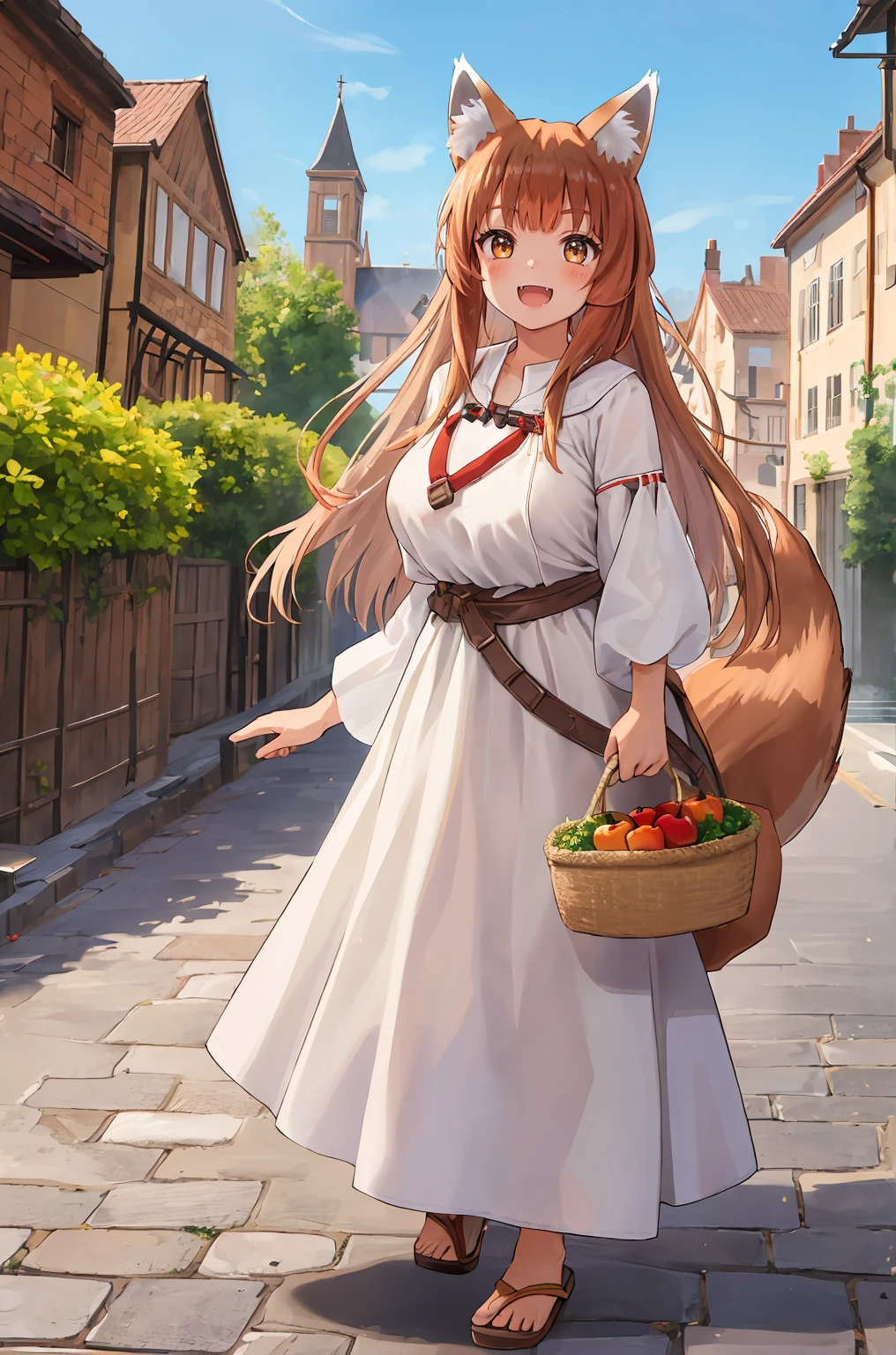 (holo:1.5), (holoBrownDress:1.5), masterpiece, best quality, absurdres, 1girl, looking at viewer, standing, cowboy shot, outdoors, medieval, cobblestone street, town, pouch, sash, smile, fruit, apple, basket,big breast, curvy, silver hair, white hair, full body, flipflops,open mouth smile, fangs,