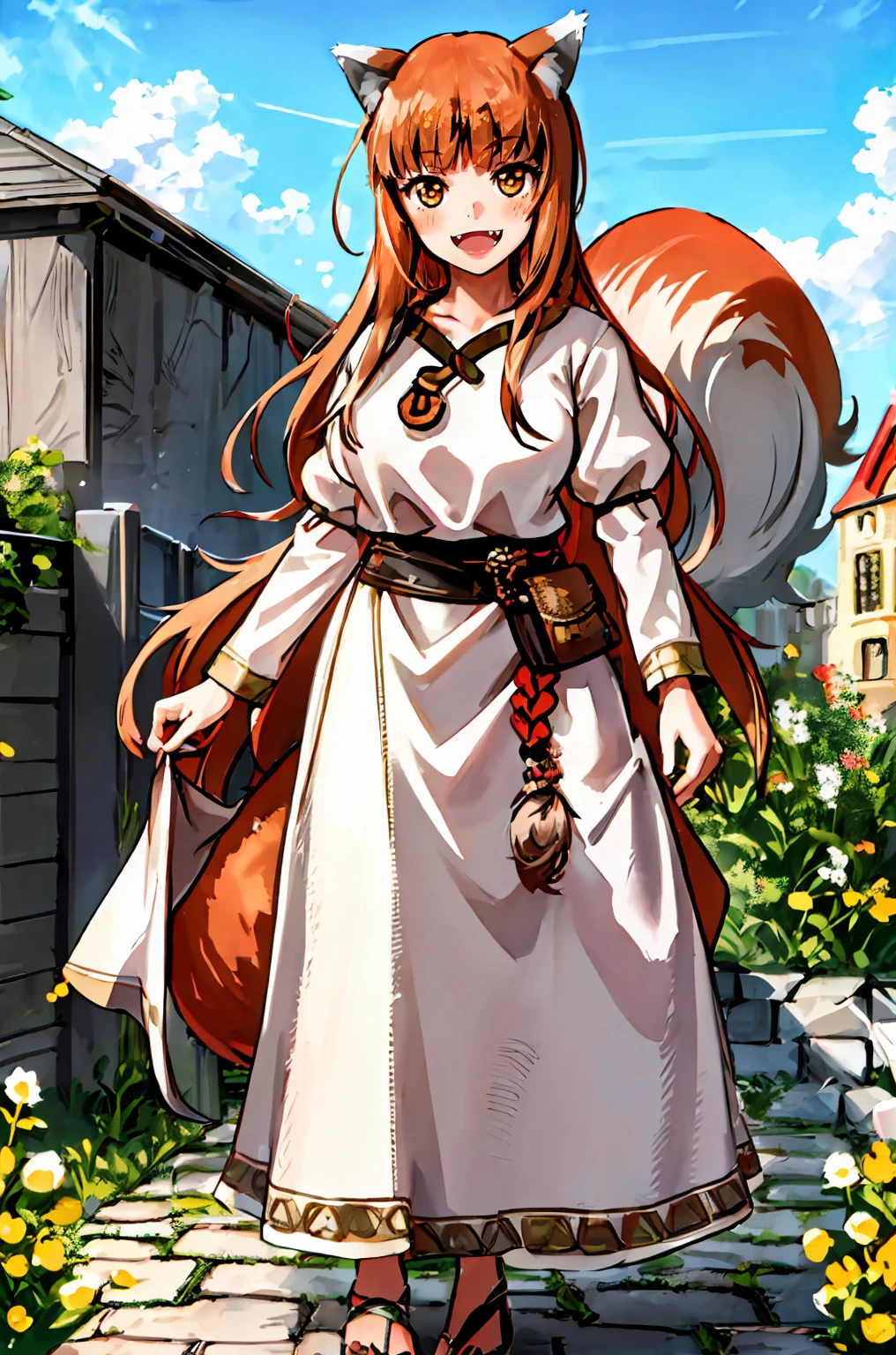 (holo:1.5), (holoBrownDress:1.5), masterpiece, best quality, absurdres, 1girl, looking at viewer, standing, cowboy shot, outdoors, medieval, cobblestone street, town, pouch, sash, smile, fruit, apple, basket,big breast, curvy, silver hair, white hair, full body, flipflops,open mouth smile, fangs,