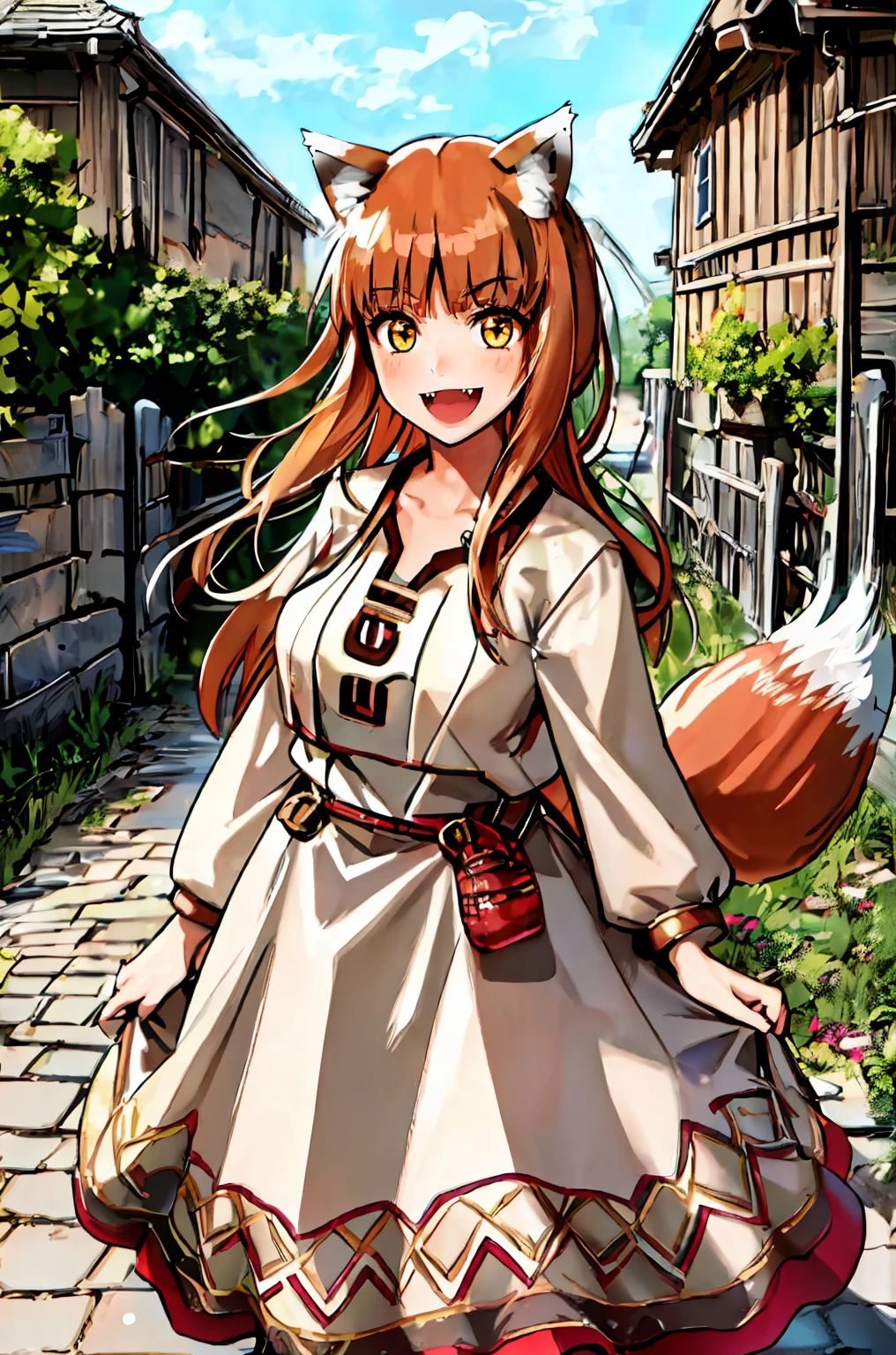 (holo:1.5), (holoBrownDress:1.5), masterpiece, best quality, absurdres, 1girl, looking at viewer, standing, cowboy shot, outdoors, medieval, cobblestone street, town, pouch, sash, smile, fruit, apple, basket,big breast, curvy, silver hair, white hair, full body, flipflops,open mouth smile, fangs,