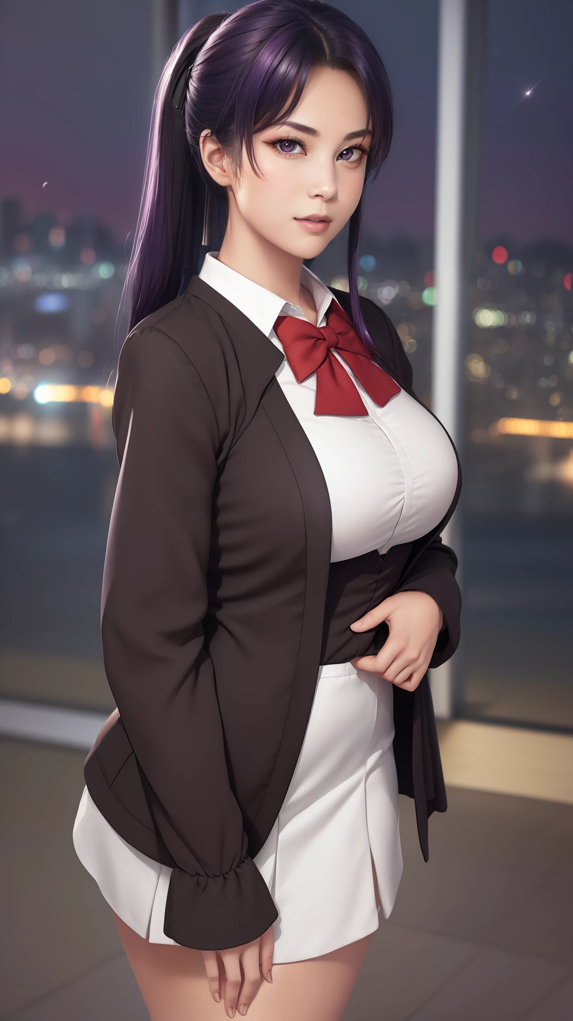 (Night:1.7), Japan, Tokyo, CityView, Before Window,
Standing at attention,
Black_jacket,white shirt, Black_Skirt,sailor outfit,red bowtie,puffy sleeves,long sleeves, 
jewelry,
purple eyes, purple hair,Bangs, ponytail,long hair, 
1 girl, 24yo,mature female,Beautiful Finger,Beautiful long legs,Beautiful body,Beautiful Nose,Beautiful character design, perfect eyes, perfect face,
looking at viewer,girl in the center of the image,
NSFW,official art,extremely detailed CG unity 8k wallpaper, perfect lighting,Colorful, Bright_Front_face_Lighting,
(masterpiece:1.0),(best_quality:1.0), ultra high res,4K,ultra-detailed,
photography, 8K, HDR, highres, absurdres:1.2, Kodak portra 400, film grain, blurry background, bokeh:1.2, lens flare, (vibrant_color:1.2)
(Beautiful,Large_Breasts:1.2), (beautiful_face:1.5),(narrow_waist),