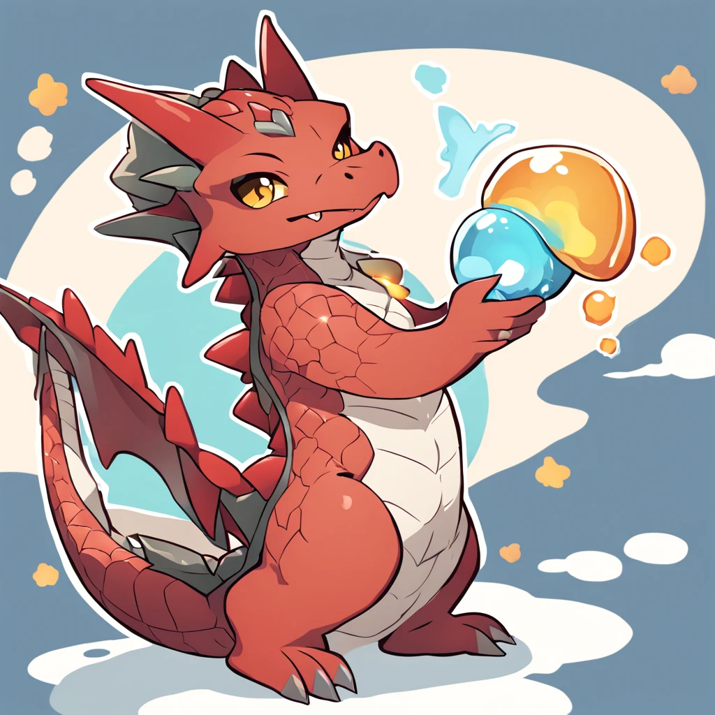 A cartoon dragon,red skin,cute,mini sence,2D,Holding ingot in hand
