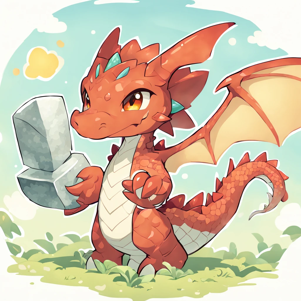 A cartoon dragon,red skin,cute,mini sence,2D,Holding ingot in hand
