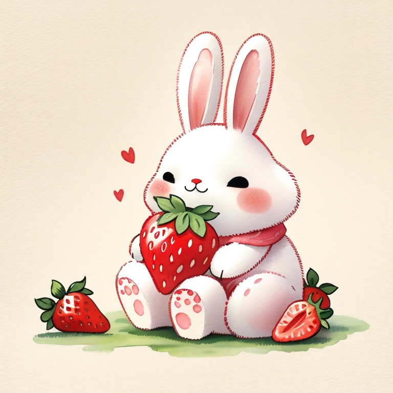 Rabbit eating strawberry,watercolor,Q version,cute