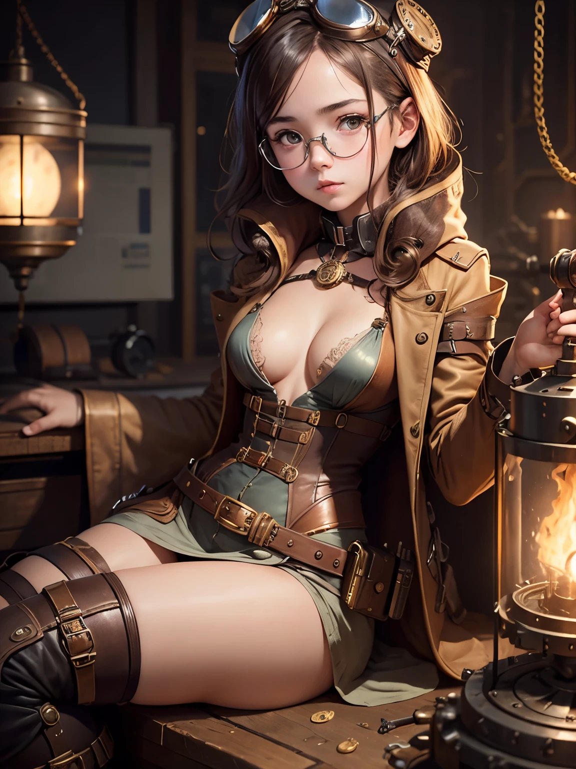 Steampunk, young girl, very young girl, round face, goggles, revealing dress, cleavage, engineer, mechanical, multiple belts,((small breasts)), sitting