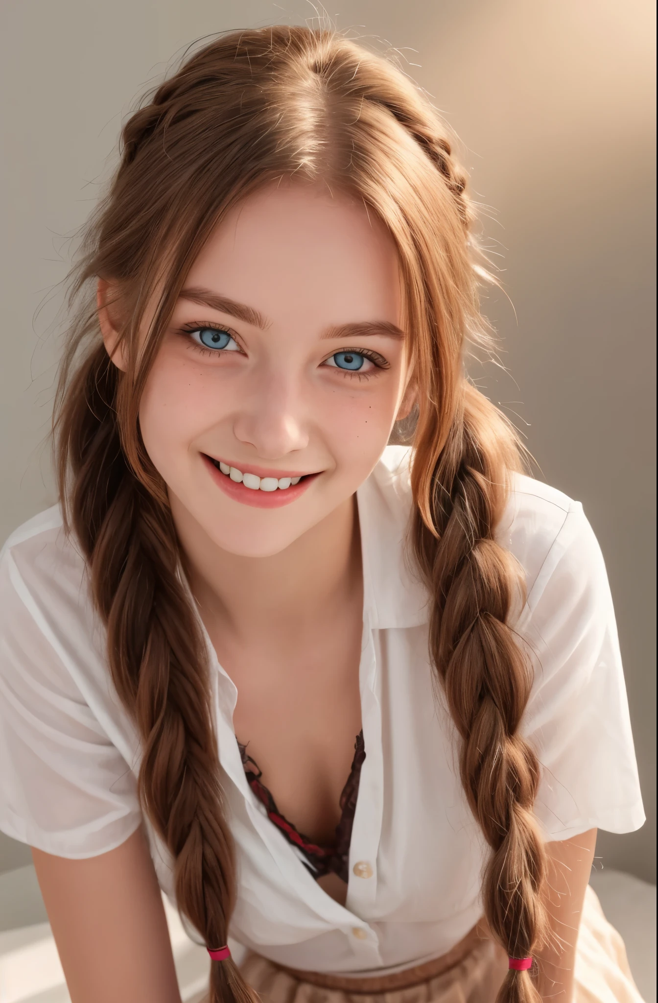 Ultra detailed image of 18 years old Pippi Longstocking, mischievous eyes, long red messy and braided hair, sexy, sloppy look, short skirt, in dinamic, smiling, (freckles:0.3), vivid colors, intricate details of her beautiful eyes and perfect face, rim light.