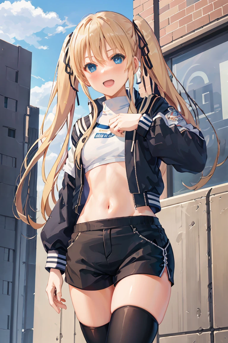 ticker_eriri, 1 girl, sawamura spencer eriri, alone, Thighhighs, blonde hair, twin tails, blue eyes, tooth, long hair, shorts, open your mouth, black Thighhighs, smile, letterman Jacket, hair ribbon, :d, Jacket, put your hand on your waist, black ribbon, indoss, brown shorts, skin tooth, blush, from below
, (masterpiece:1.6, highest quality), (Beautiful detailed eyes: 1.2),skirt lift,pants pull,white panties,detailed panties