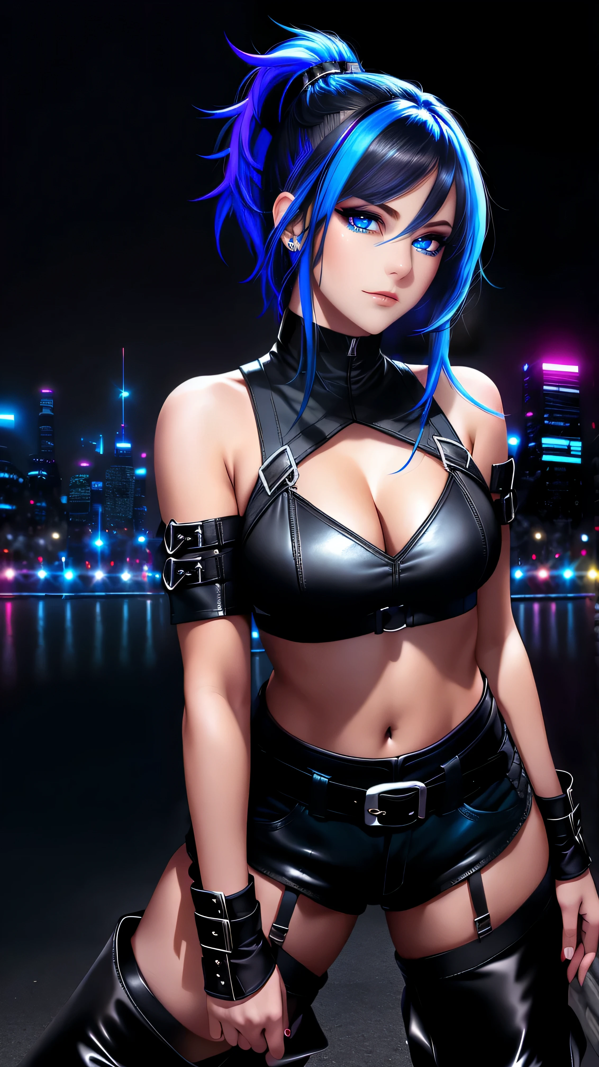 beautiful girl, full body, short bright blue neon streaked dishevelled hair, ((large light realistic detailed eyes:1.3)), ((seductive pose:0.5)), black eyeshadow, (street style wear:1.2), ((tight fitted short pants)), ((thigh high leather boots:1.3)), (dark city night black background:1.4), dark makeup, digital art, trending on artstation, highly detailed, fine detail, intricate, beautiful detailed glow, detailed, Cinematic light, high-res, detailed facial features, sharp focus, smooth, aesthetic,