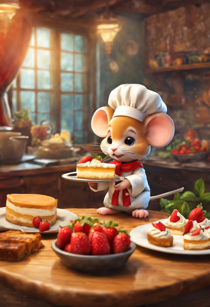 chibi,  perfect-composition,  Perfect pictorial composition,  Creative poster,  Cute,  (mouse dressed as a chief),  (mouse as chef),  (Decorating a Really Delicious Cheesecake),  (Cream cheese cake with strawberries),  (messy table),  (There are pieces of cheese scattered around.),  (Best Quality:1.2),  (Ultra-detailed),  (Photorealistic:1.37),  (HDR),  (Vivid colors),  (portrait of a),  (Warm and bright color tones),  (Soft diffuse lighting), food , niji style