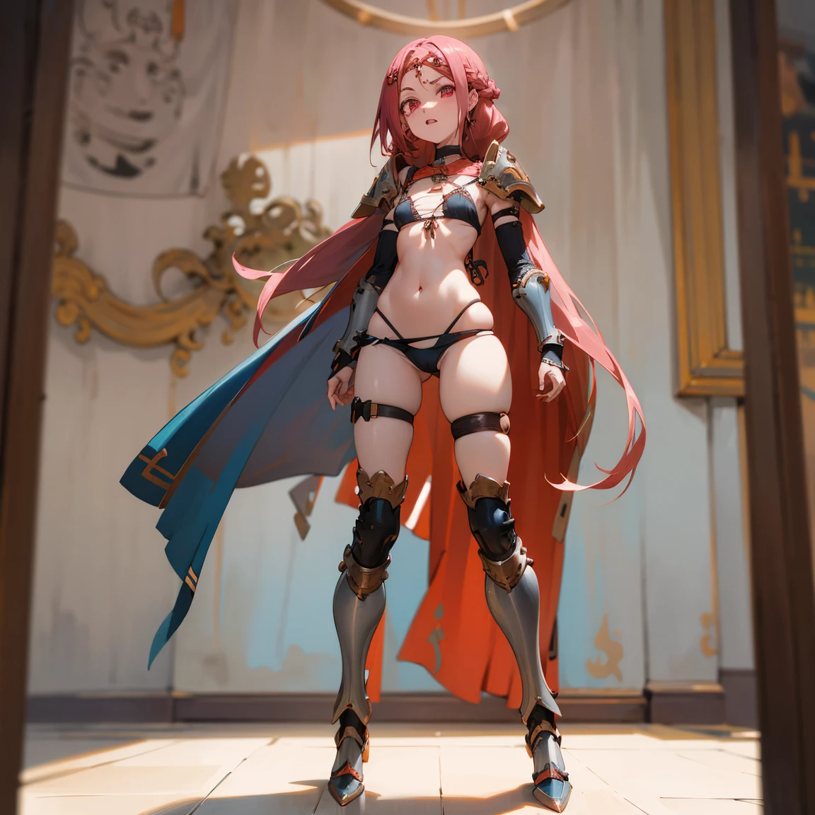 Masterpiece, best quality, full hd 8k, highly detailed, perfect imagen, solo, 1 woman, mature, medium breasts, golden  eyes, long pink hair, mischievous look, mischievous smile, sharp teeth, knight woman, standing,  spread legs, 
full body, revealing clothing, micro bikini armor, naked armor, shoulder armor, shoulder pads, armor boots, bracers, nfsw