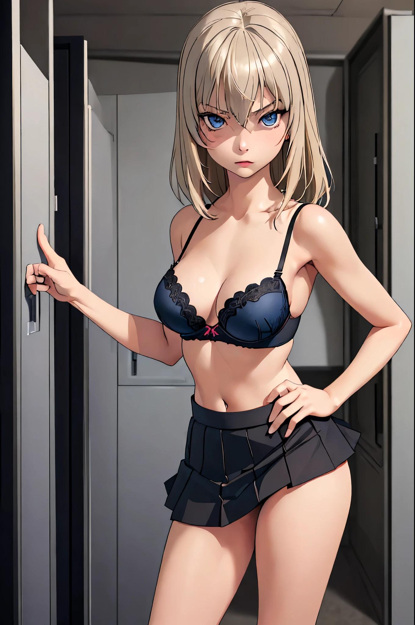 masterpiece, best quality, Itsumi Erika, 1girl, ashen blonde hair, blue eyes, solo, medium breasts, naked body, black skirt, sexy black underwear, black bra, standing frontally, pov, looking at viewer, whole body can be seen, expressionless, indoors, locker room, detailed hands, five fingers