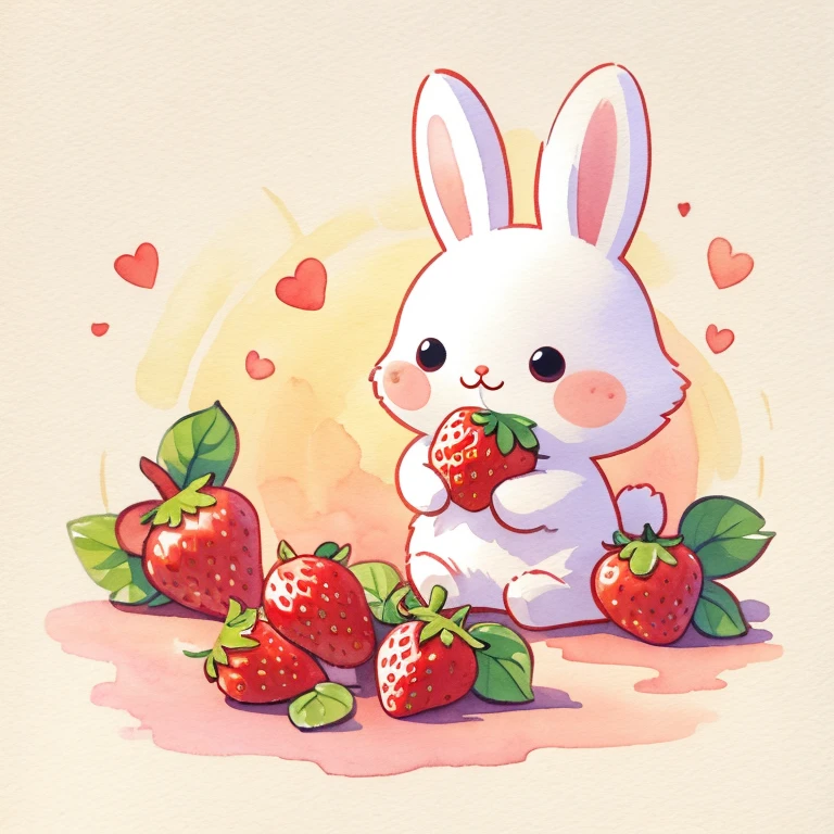 Rabbit eating strawberry，watercolor，Q version，cute，Children's picture book style，meticulous，flat style