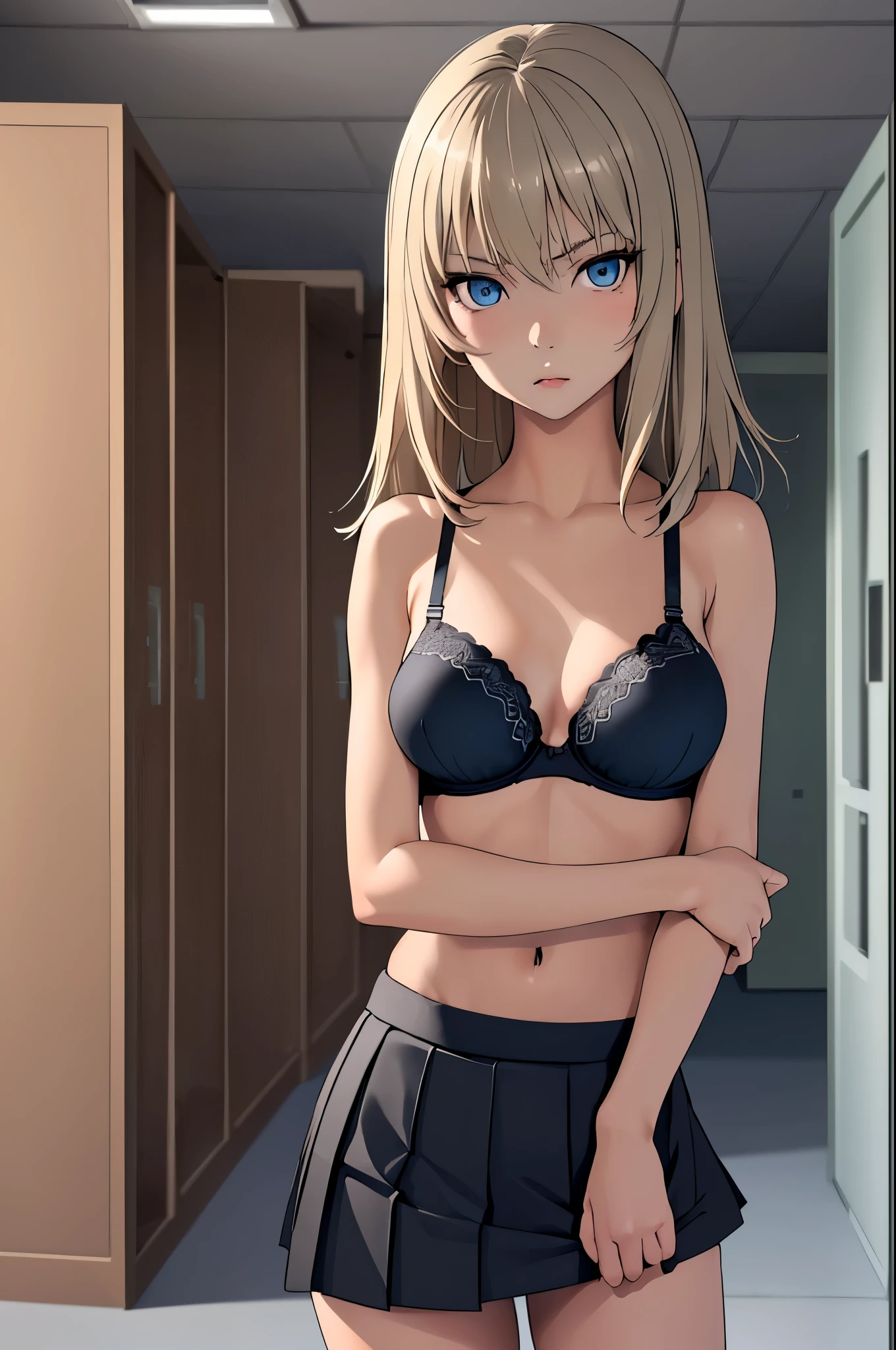 masterpiece, best quality, Itsumi Erika, 1girl, ashen blonde hair, blue eyes, solo, medium breasts, naked body, black skirt, sexy black underwear, black bra, standing frontally, pov, looking at viewer, whole body can be seen, expressionless, indoors, locker room, detailed hands, five fingers