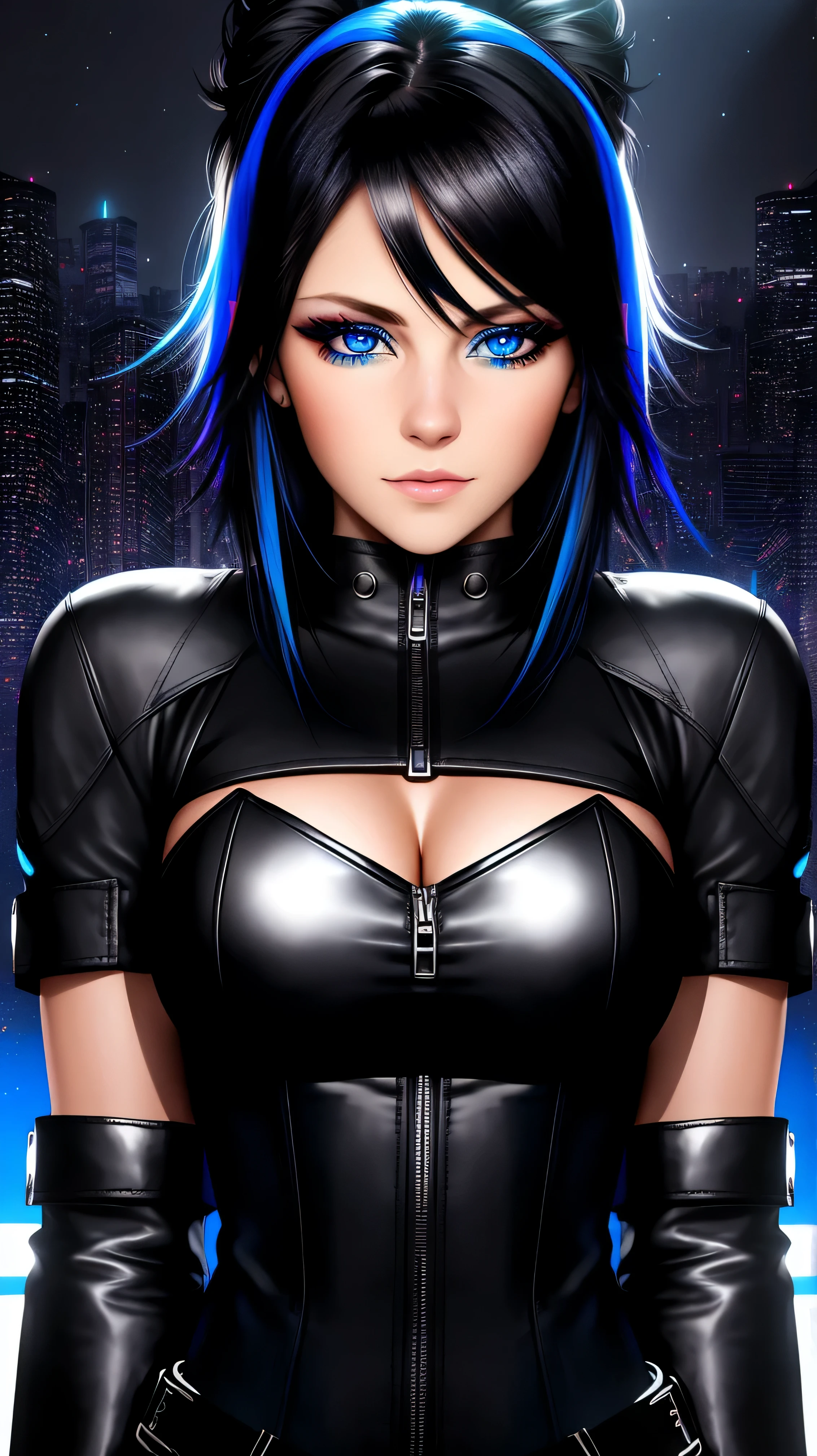 beautiful girl, full body, short bright blue neon streaked dishevelled hair, ((large light realistic detailed eyes:1.3)), ((seductive pose:0.5)), black eyeshadow, (street style wear:1.2), ((tight fitted short pants)), ((thigh high leather boots:1.3)), (dark city night black background:1.4), dark makeup, digital art, trending on artstation, highly detailed, fine detail, intricate, beautiful detailed glow, detailed, Cinematic light, high-res, detailed facial features, sharp focus, smooth, aesthetic,