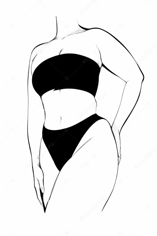 une femme en bikini et culotte se tient debout en forme de corps, silhouette féminine parfaite, porte un maillot de bain, belle silhouette de corps féminin, contour épais, La femme est courbée, contour épaiss, femmes corps entier, corps de femme, Femme taille plus, contours noirs, forme du corps détaillée, Lineart noir épais, Illustration Contour noir, photos du corps entier. Illustration type dessin avec un tein marron foncé