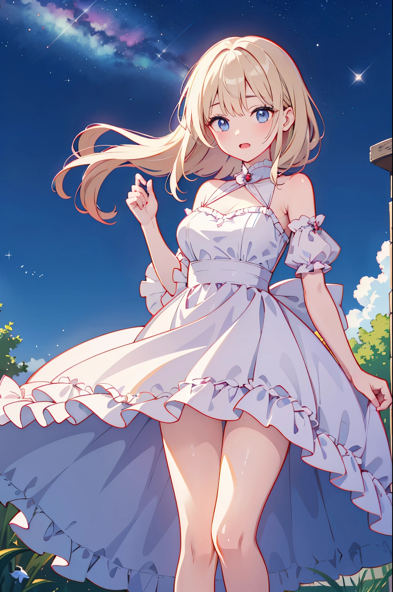 (masterpiece)、(highest quality)、((Super detailed))、(super delicate)、Princess in a naughty dress、platinum blonde、beautiful breasts、Thighs、Gorgeous、lake with mountain view、Fantastic starry sky、Rainbow Ring