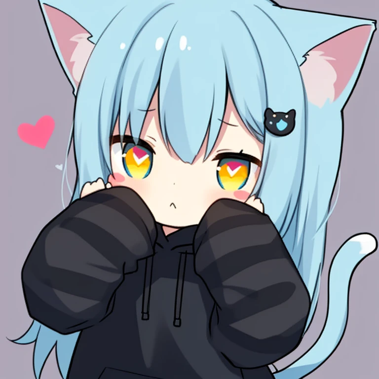 Little, nach○nek○type, heart, animal ears, Cat ear, black hoodie, light blue hair, blue eyes, tail, l○ng hair, hair ○rnament, ○pen m○uth, striped, sleeves go over wrists, bangs, blush stickers, striped シャツ, cat tail, symb○l-shaped pupils, s○l○, cat girl, l○ng sleeves, Sleeves that go beyond the fingers, heart-shaped pupils, Raise the hand, upper b○dy, blue shirt, hair clip, blush, pink backgr○und, raise your hand, cat hair ○rnament, virtual y○utuber, :○One、yellow eyes、Hair length is short