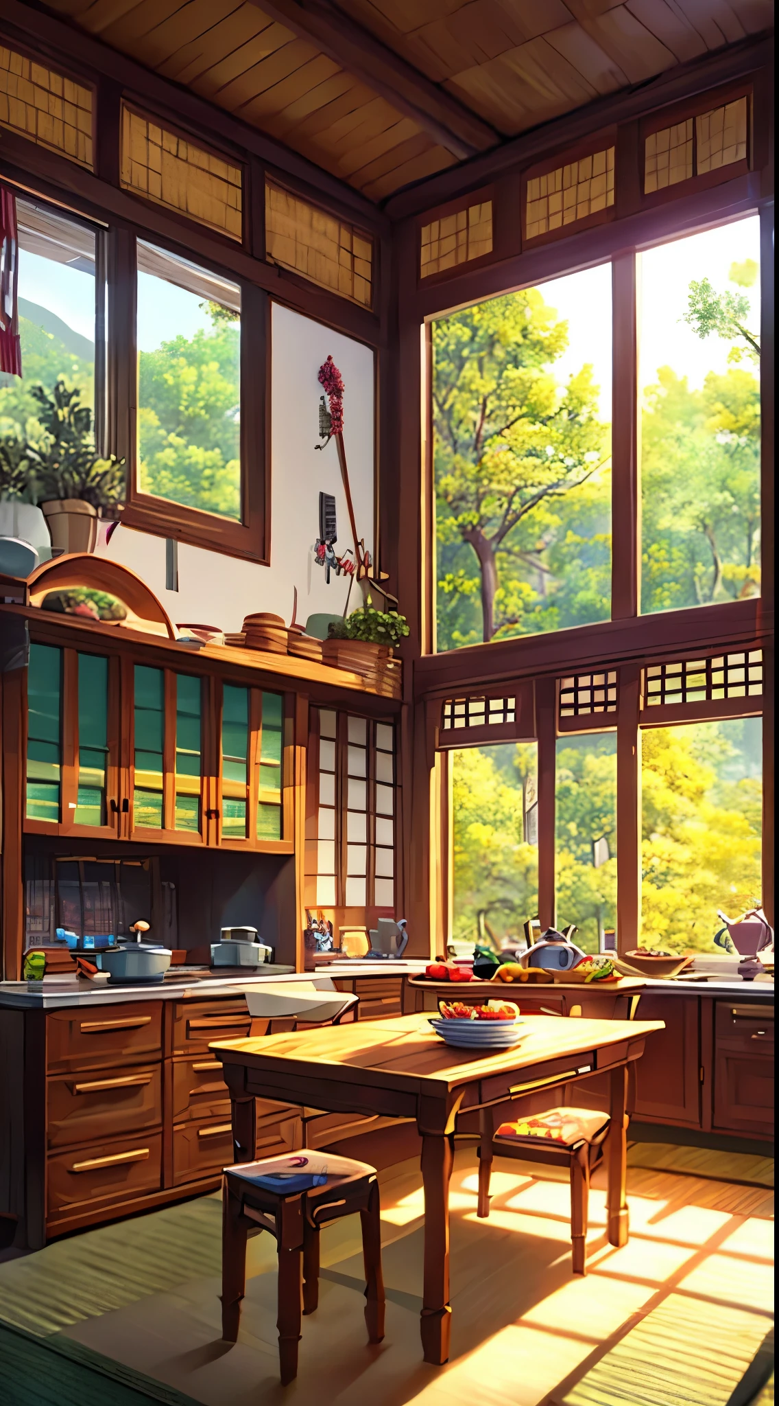 (best quality,4k,8k,highres,masterpiece:1.2),ultra-detailed,realistic,Kitchen with Chihiro style paronamica view with drawing strokes,animate with windows and utensils on the table,panelas penduradas,illustration,chihiro-inspired style,detailed scenery,japanese windows,magical atmosphere,colorful nature,traditional kitchenware,natural lighting
