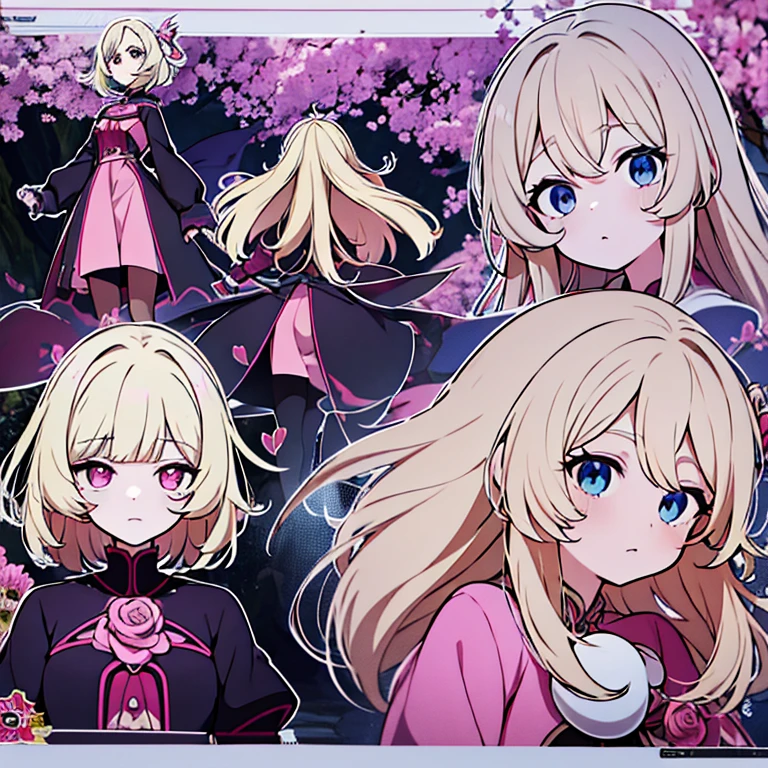 Personagem feminino,cabelo longo,cheio e ondulado de cor castanho escuro, seus olhos castanhos escuro, cor da pele parda, in anime version, de cores das veste branca, with pink and lilac details, em desenho flores, uma personagem feminina estilo anime e uma mestra de bombas Model sheet.