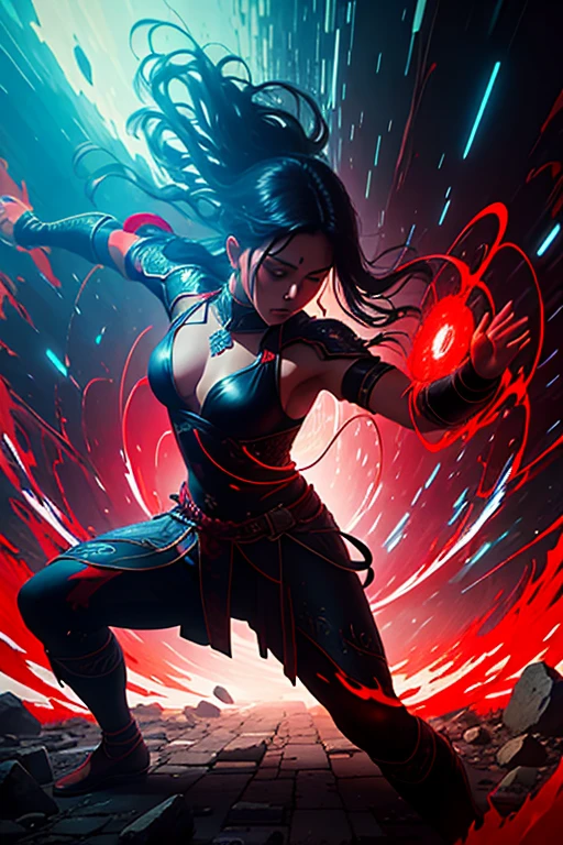 immersed within a glitch network, on a red background. best quality, vivid colors, ultra-detailed, realistic, oil paintin , mystical atmosphere, ancient ruins, dramatic lighting, intense focus, martial arts practice, flowing movements, meditative expression, powerful energy, dynamic composition, vibrant brushstrokes, magical realism.