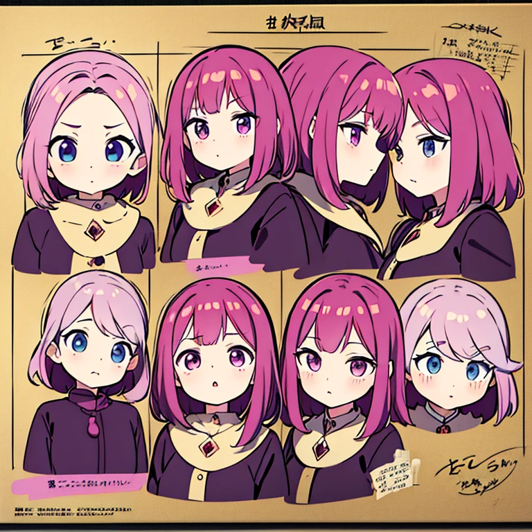 Personagem feminino,cabelo longo,cheio e ondulado de cor castanho escuro, seus olhos castanhos escuro, cor da pele parda, in anime version, de cores das veste branca, with pink and lilac details, em desenho flores, an anime-style female character and a bomb master Manga model sheet 