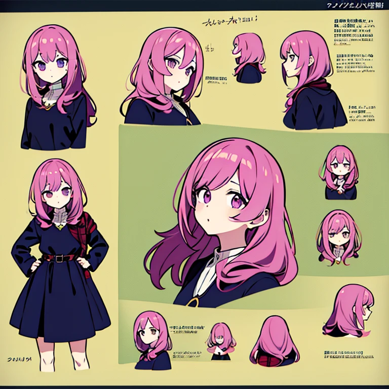 Personagem feminino,cabelo longo,cheio e ondulado de cor castanho escuro, seus olhos castanhos escuro, cor da pele parda, in anime version, de cores das veste branca, with pink and lilac details, em desenho flores, uma personagem feminina estilo anime e uma mestra de bombas Model sheet.