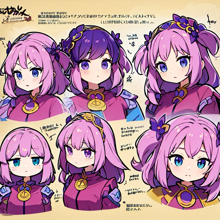 Personagem feminino,cabelo longo,cheio e ondulado de cor castanho escuro, seus olhos castanhos escuro, cor da pele parda, in anime version, de cores das veste branca, with pink and lilac details, em desenho flores, uma personagem feminina estilo anime e uma mestra de bombas Model sheet.