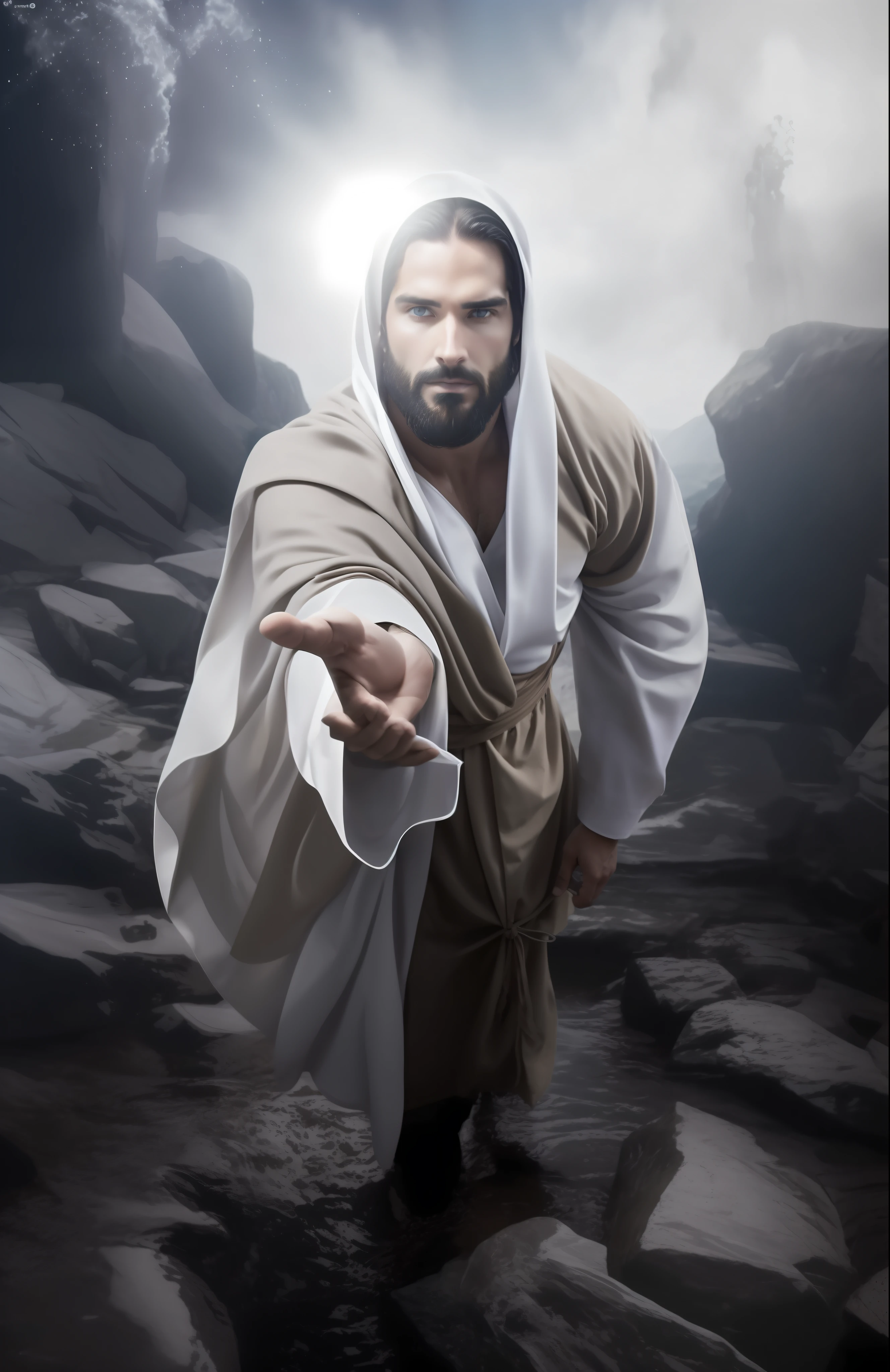 Seth Rollins como Jesus Cristo, wearing tunic, focar nos detalhes do rosto, cabelo escuro preto, semelhante ao seth rollins, wearing the long beige tunic of Jesus, Biblical style of Jesus, imagem realista, fundo da imagem preto escuro , melhor qualidade, 8k, focar nos detalhes.