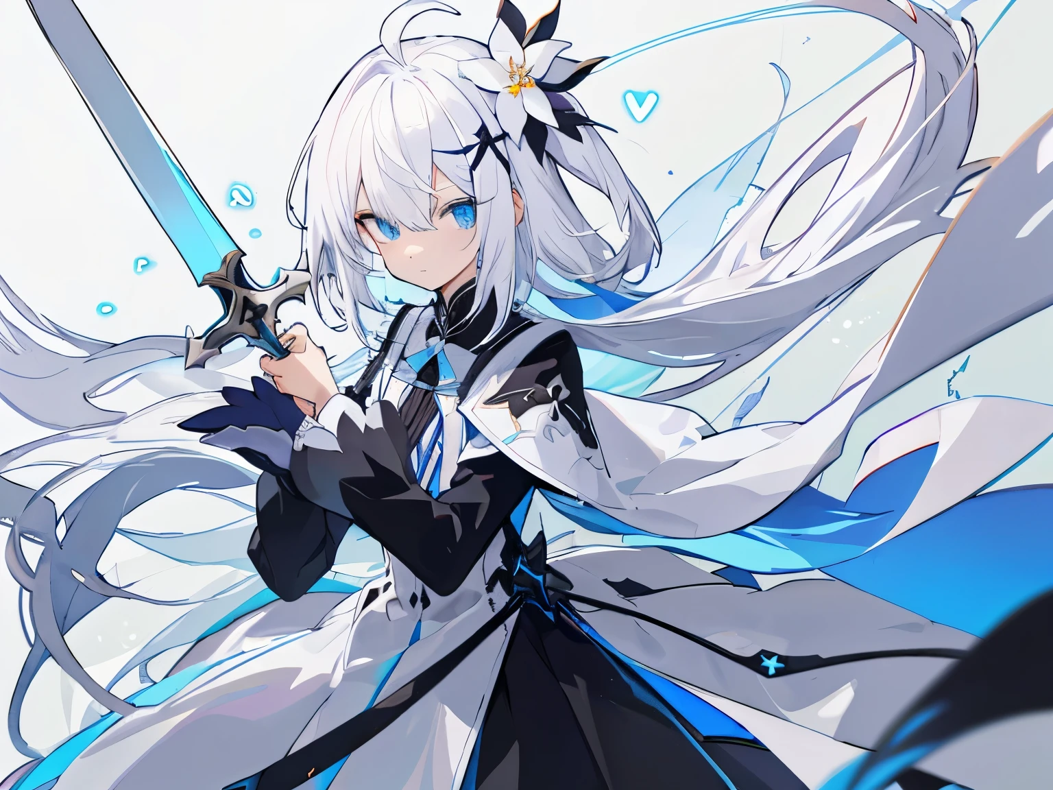 white hair, very long hair, Holding a white dagger in the left hand, He holds a black longsword in his right hand, Hair is taller than a person, hair one side up, hair slicked back, heart ahoge, hair flower, star hair ornament, x hair ornament, x-shaped pupils, makeup, determined, ray tracing, chromatic aberration abuse, character chart, UHD, masterpiece