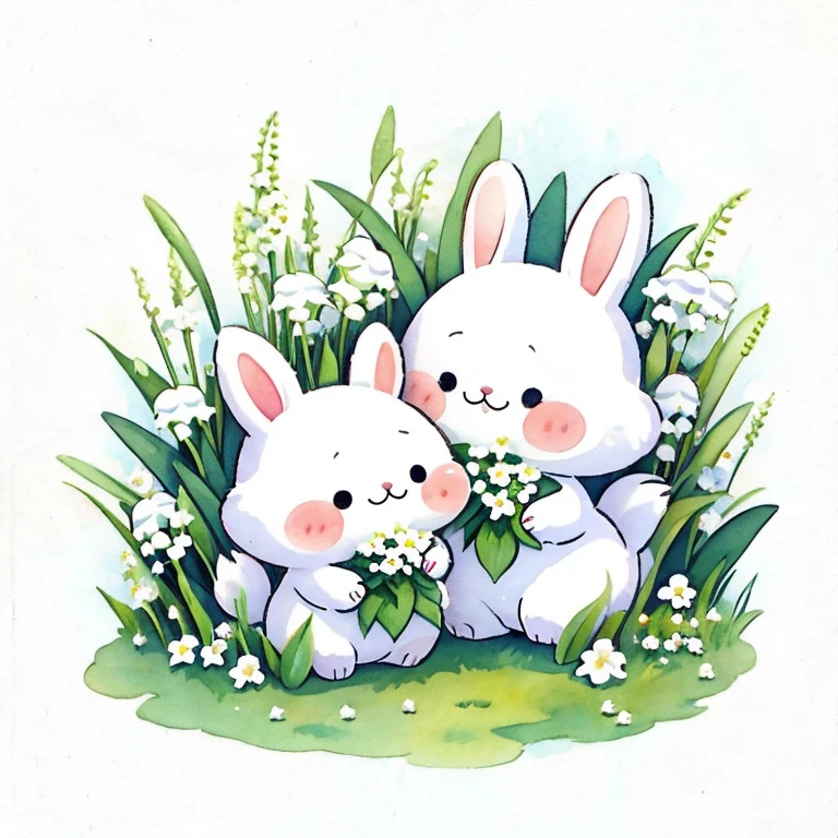 Rabbit holding lily of the valley flower，watercolor，Q version，cute，Children's picture book style，meticulous，flat style，children illustration