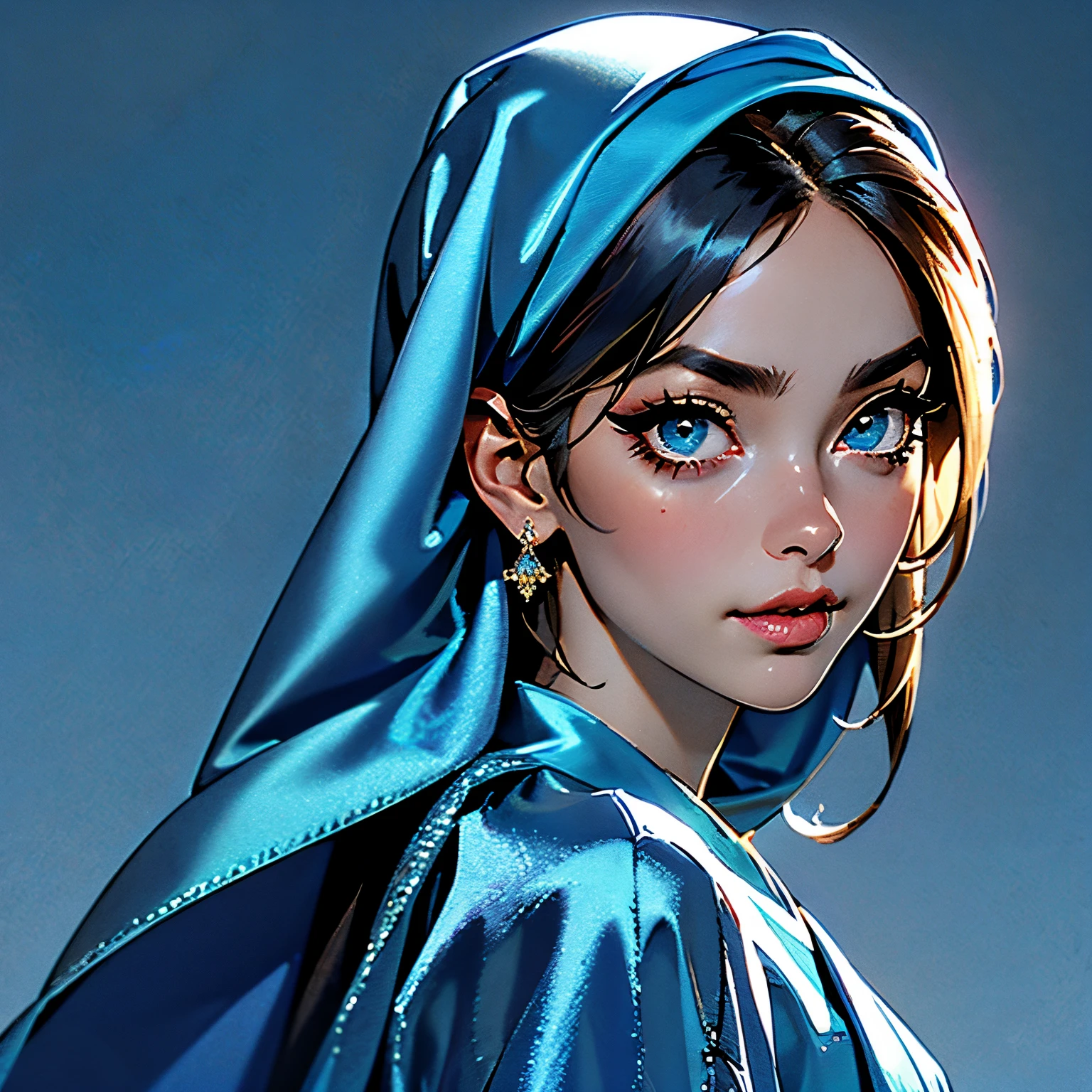 3dmm style, (Masterpiece), realistic, best quality, best lighting, extremely detailed artgerm, beautiful mature woman, 1 girl photo solo, beautifully makeup, eyeshadow, Parted Lips, Detailed Eyes, ((beautiful big eyes)), long eye lashes, dimples on the cheeks, smile, wearing silk turban hijab, ((Dark blue satin hijab)), loosely tide hijab style, shining silk, satin, blue satin, ((Blue satin shirt and satin long skirt)), (Close-up portrait), Front view, Standing Symmetric Centre, facing the viewer, passports photo, gray background.
