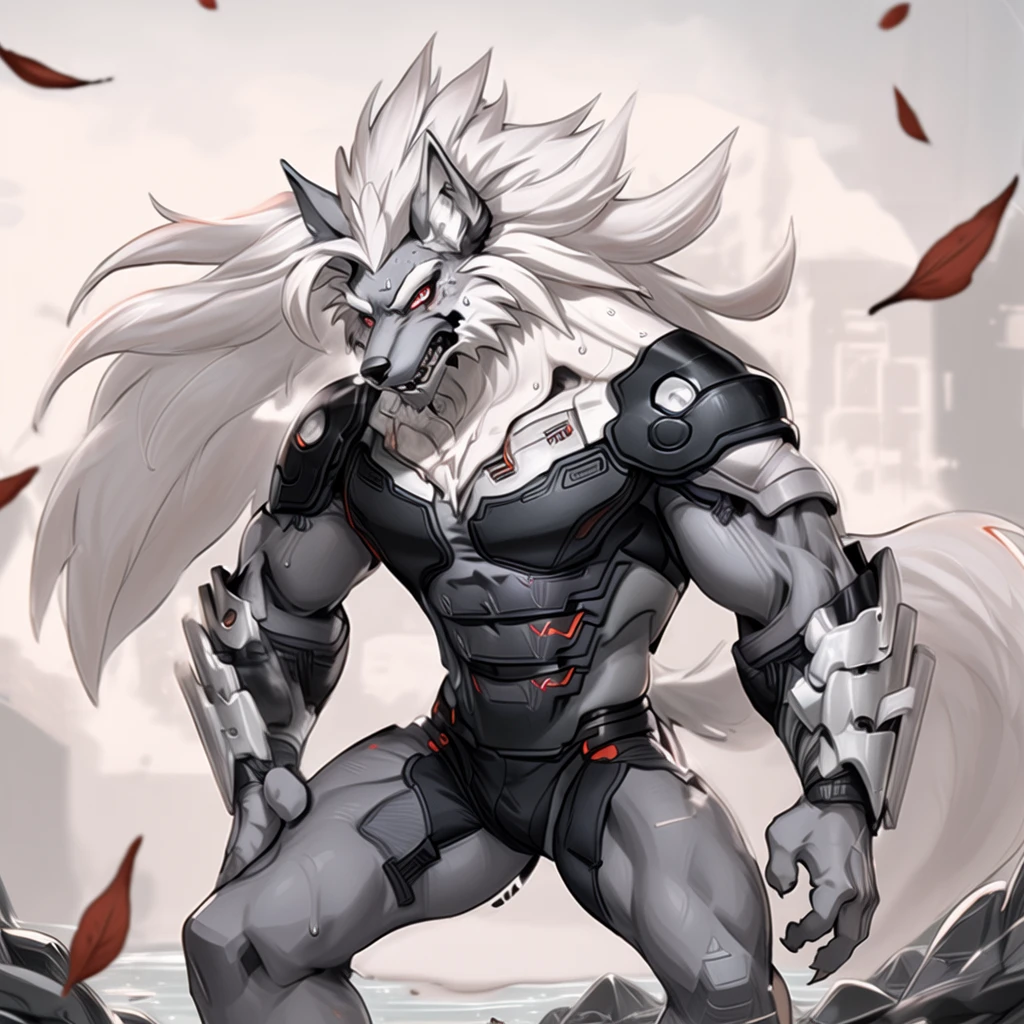 (upload on e621), (Masterpiece), (best quality), (ultra high res), 4K, (8k HD), 2D, (perfect anatomy), (digital art), (official art), (extreme detailed), (ultra detailed), (strapsanime), color, (soft shading), (sharp focus), (1boy:1.1),(solo:1.1), detailed fluffy fur, (ultra detailed face), detailed eyes, detailed iris eyes,muscular male,hi res,8k hd,extreme detail,detailed background,masterpiece,muscular,muscular anthro,(sweat:1.4),aged up,(looking at viewer:1.1),[(white background:1.4), ::2],solo,mid shot,full body,meadow,(Fallen leaves:1.1),grass,(Maple leaf:1.1),(rock:1.1),Stream,(rivers:1.1),fight pose, (langshu:1.3),wolf boy,facial hair,Thick eyebrows,grey body,wolf ears,white hair,long hair,wolf tail,claw,by lindong,by null-ghost,detailed red eyes,white sclera