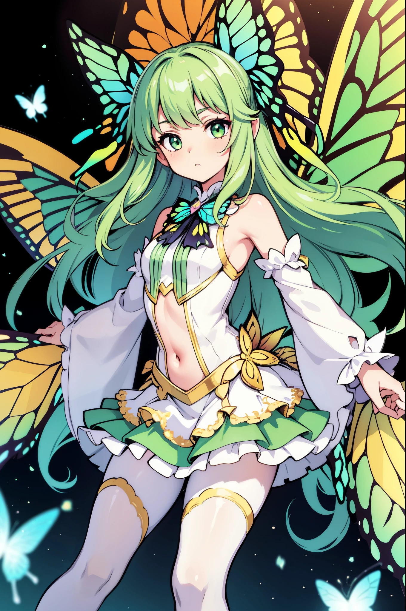 1girl, (butterfly ears:1.1), (apricot hair), (extremely curly hair), (very long hair), (hime bangs), (sage green eyes), (dynamic pose), (colorful white idol costume), (frilly skirt), (white lace pantyhose), (butterfly wings:1.3), (dynamic angle), more_details:-1, more_details:0, more_details:0.5, more_details:1, more_details:1.5, glowify, more prism, vibrant color, jewelry background, floating gems, floating glass pieces