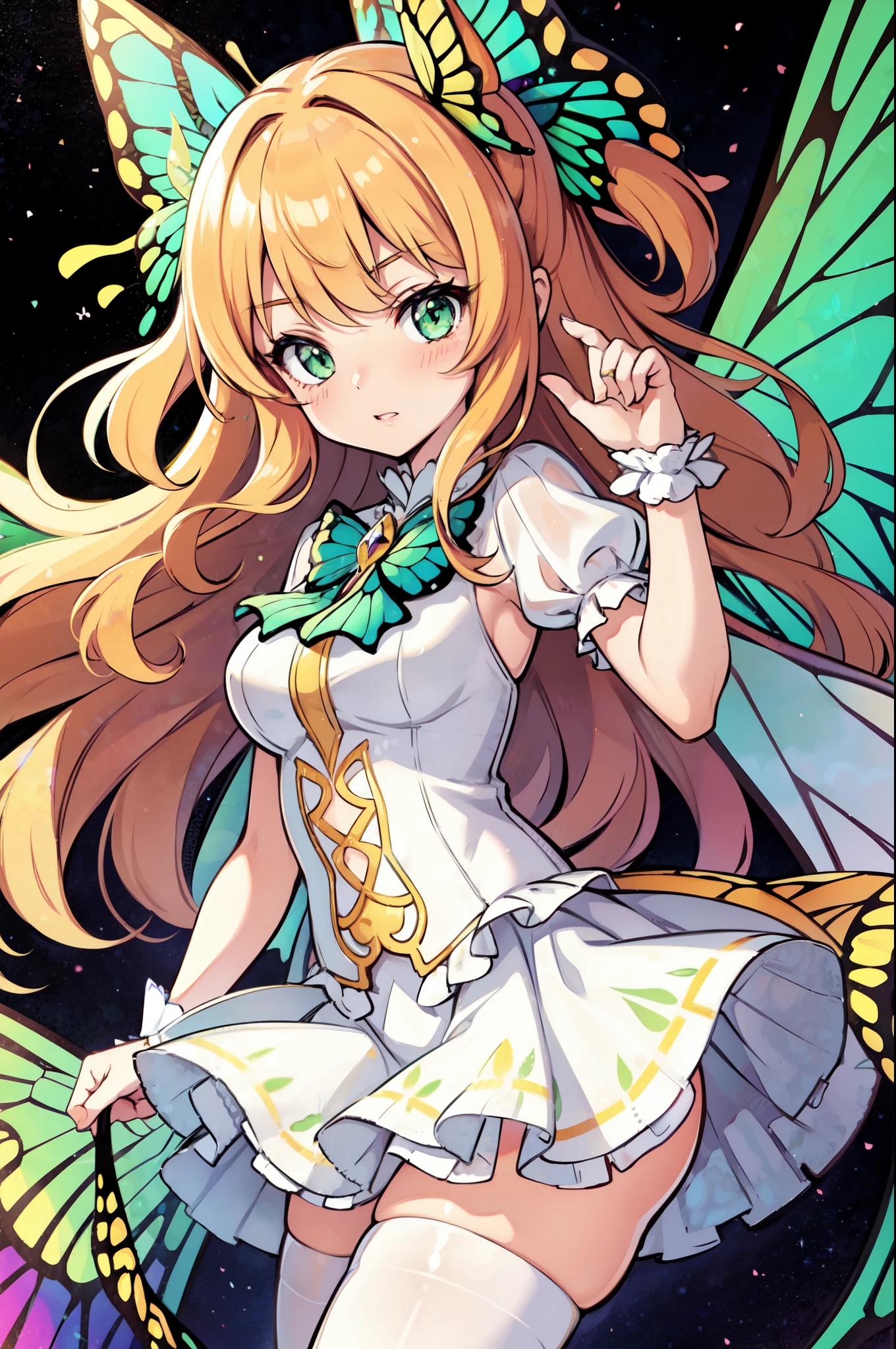 1girl, (butterfly ears:1.1), (apricot hair), (extremely curly hair), (very long hair), (hime bangs), (sage green eyes), (dynamic pose), (colorful white idol costume), (frilly skirt), (white lace pantyhose), (butterfly wings:1.3), (dynamic angle), more_details:-1, more_details:0, more_details:0.5, more_details:1, more_details:1.5, glowify, more prism, vibrant color, jewelry background, floating gems, floating glass pieces