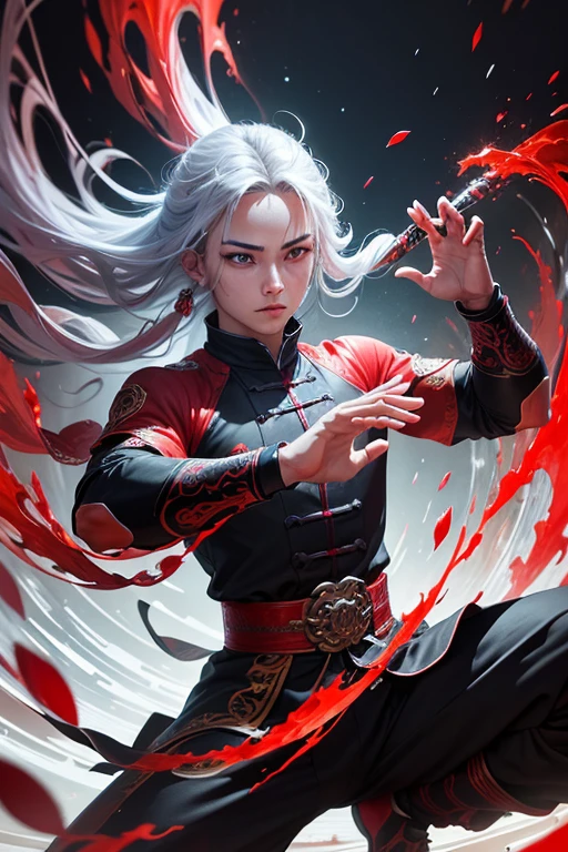 immersed within a glitch network, on a red background. best quality, vivid colors, ultra-detailed, realistic, oil painting , mystical atmosphere, ancient ruins, dramatic lighting, intense focus, martial arts practice, flowing movements, meditative expression, powerful energy, dynamic composition, vibrant brushstrokes, magical realism.  tai chi master guy, wielding silver sword, red glowing eyes.