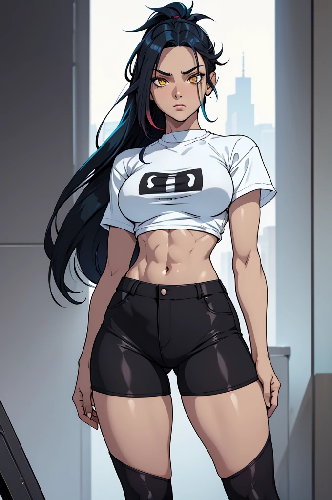 1 girl,((multicolored hair, black hair, blue hair)), 1 girl, two-tone hair, black on top, white on bottom 1 gilr, ,perfect anatomy girl muscular girl toned body girl large breasts girl thick girl angry girl best quality girl black hair girl yellow eyes girl pale girl pale girl,linda mulher morena, musculosa , usando short legging withe, meia calça preta, cabelo curto, belos olhos, olhos lindos, amarelos, camisa branca, jaqueta de couro preta, shorts, short legging white, cidade beco escuro pantyhose black, two-tone hair, black on top, white on bottom
