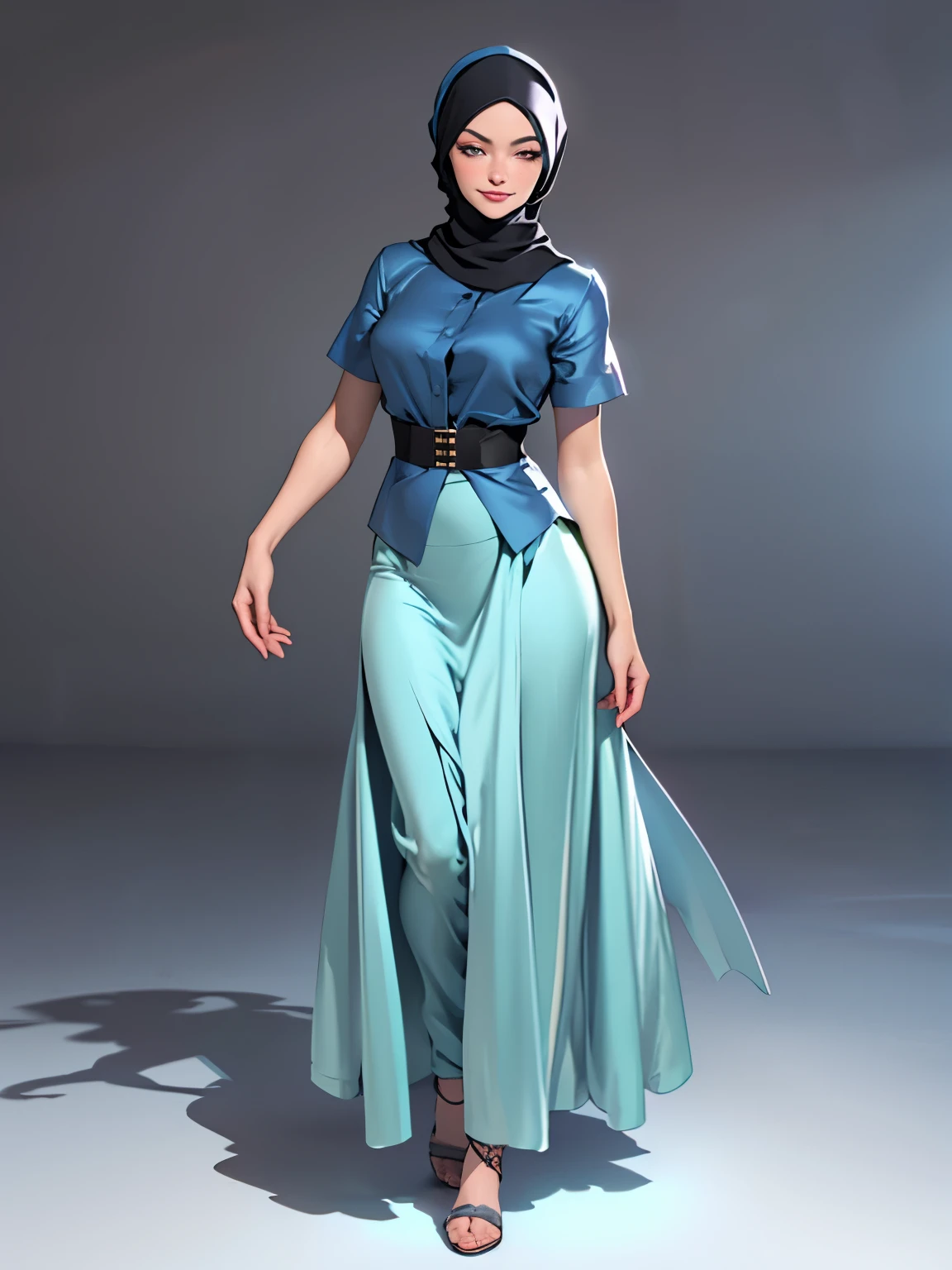 3dmm style, (Masterpiece), realistic, best quality, best lighting, extremely detailed artgerm, style artgerm, beautiful mature woman, 1 girl photo solo, beautifully makeup, eyeshadow, Parted Lips, Detailed Eyes, ((beautiful big eyes)), long eye lashes, dimples on the cheeks, smile, wearing silk turban hijab, ((Dark blue satin hijab)), loosely tide hijab style, shining silk, satin, blue satin, ((Blue satin shirt and satin long skirt)), (Full-body portrait), Front view, Standing Symmetric Centre, facing the viewer, passports photo, gray background.