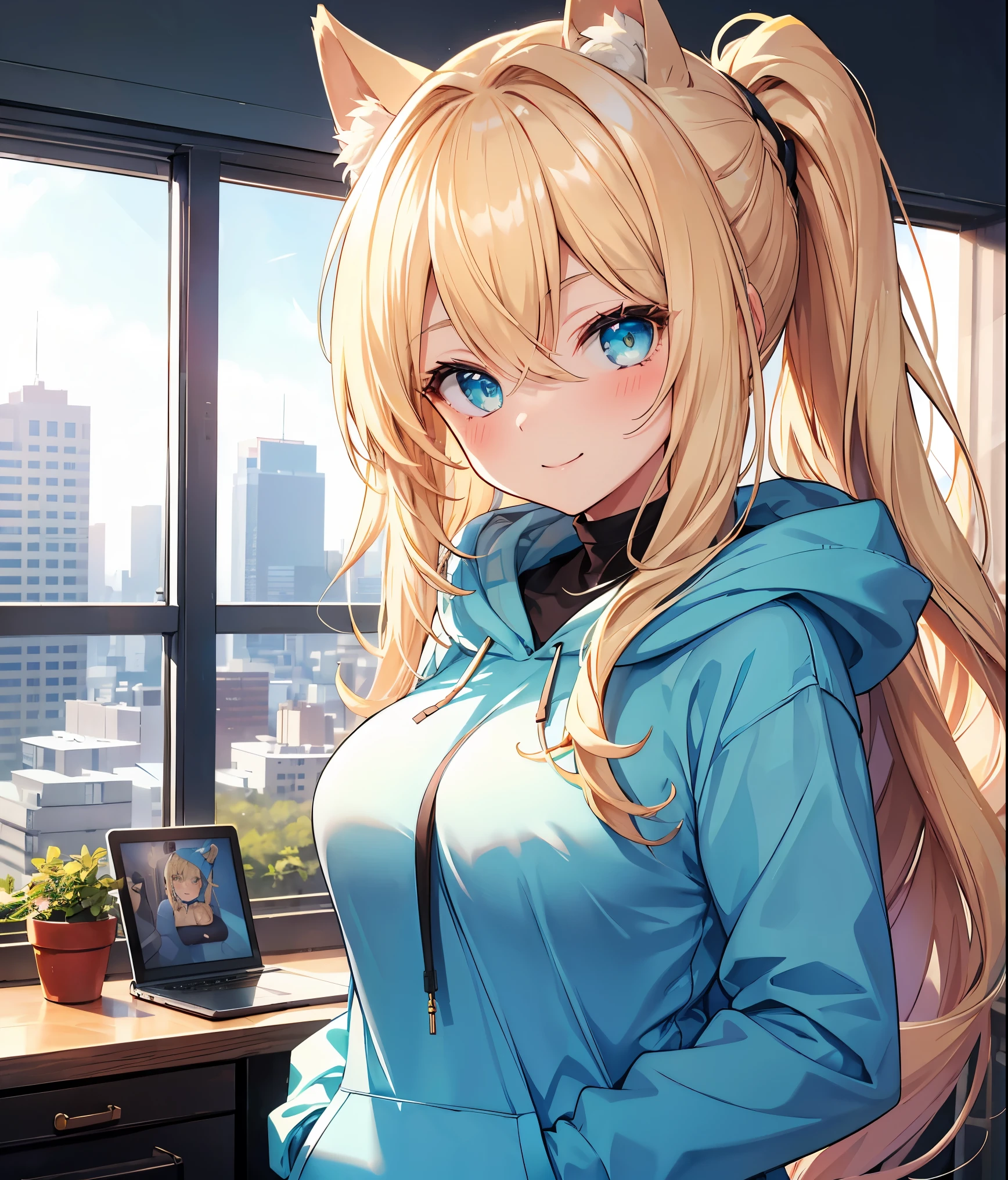 Masterpiece, high quality, ultra quality, best lighting, 1girl, long hair, blond hair,pony tail,cyan eyes ,wearing a hoodie, big breast, big thigh, smile, blush, pretty face, standing, sexy body, sexy,looking at viewer