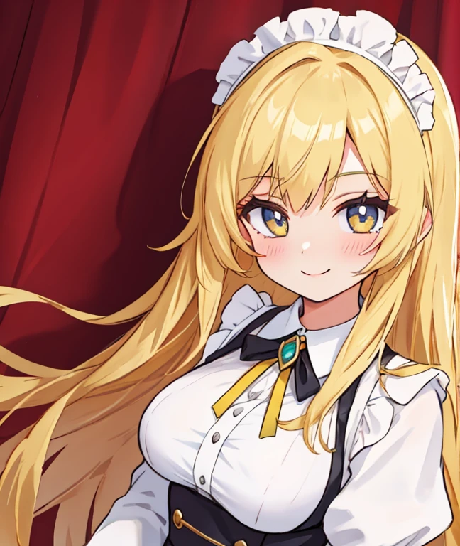 18 year old beautiful girl, big eyes, large breasts,  and slender, 8K, top quality, (very detailed head: 1.0), (very detailed face: 1.0), (very detailed hair: 1.0), maid clothes, very detailed official artwork, anime moe art style, clean detailed anime art, smile, golden hair, smooth long hair